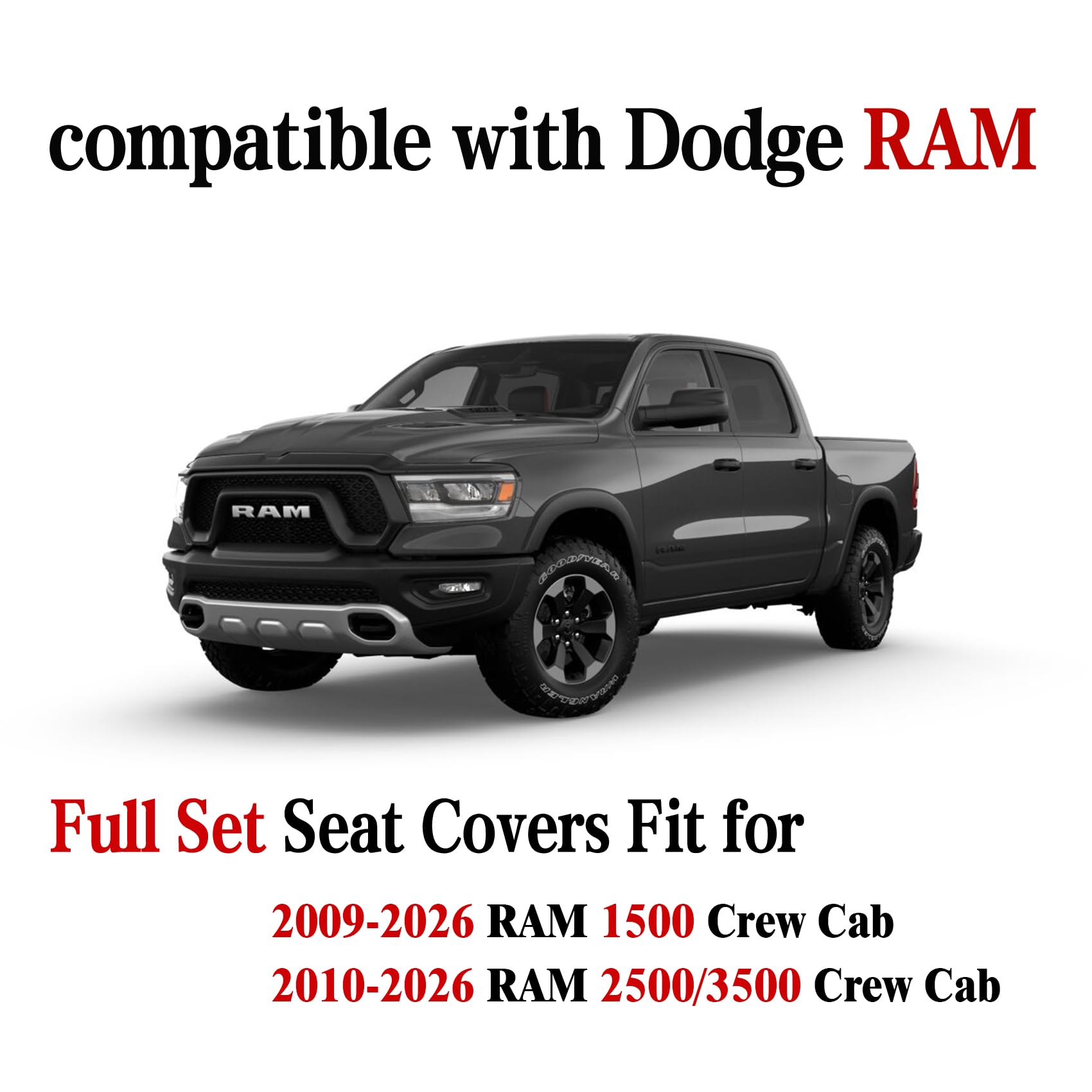 YIERTAI Dodge RAM Seat Covers Fit for 2009-2023 2024 2025 2026 1500/2500/3500HD Pickup Front Seats Only Crew Double Cab Quad Cab Waterproof Leather Seat Covers(2 PCS Front only/Black)