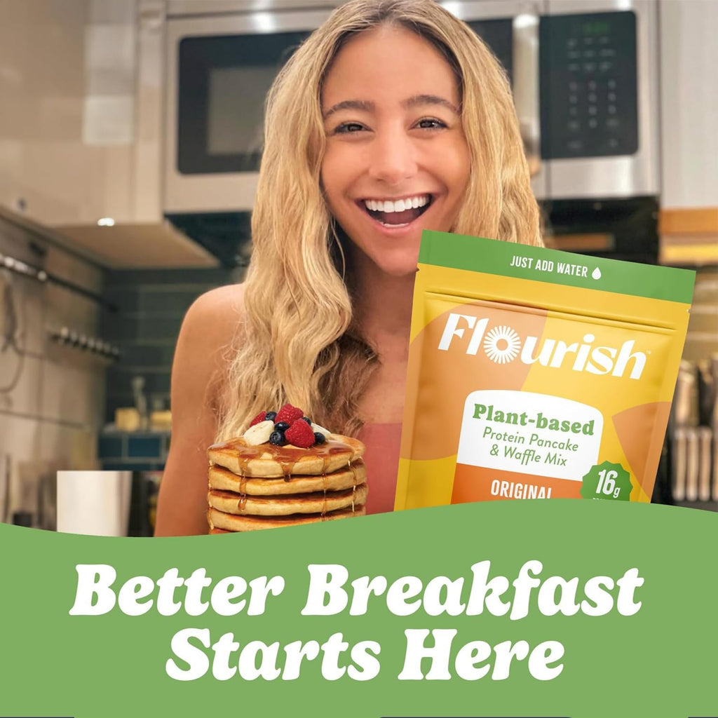 Flourish Protein Pancake & Waffle Mix, with Whey Protein & Flax Seed, No Added Sugar, High in Protein & Fiber - Just Add Water - Birthday Cake Flavour 16oz (2 pack)
