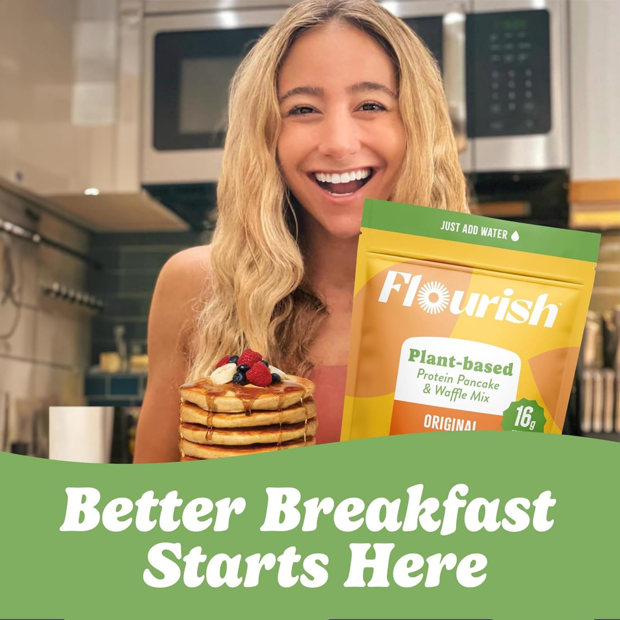 Flourish Protein Pancake & Waffle Mix, with Whey Protein & Flax Seed, No Added Sugar, High in Protein & Fiber - Just Add Water - Birthday Cake Flavour 16oz (2 pack)