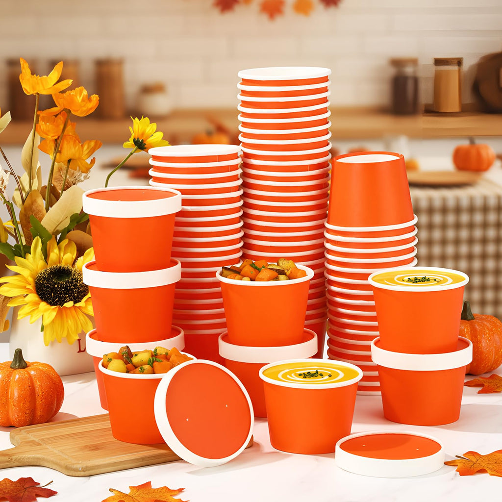 Fulmoon 100 Pack Paper Soup Containers with Lids Disposable Paper Food Containers with Vented Lid Kraft Ice Cream Cake Dessert Cups Soup Bowl for Party Hot Food Fruit Microwave(4 oz,Brown)