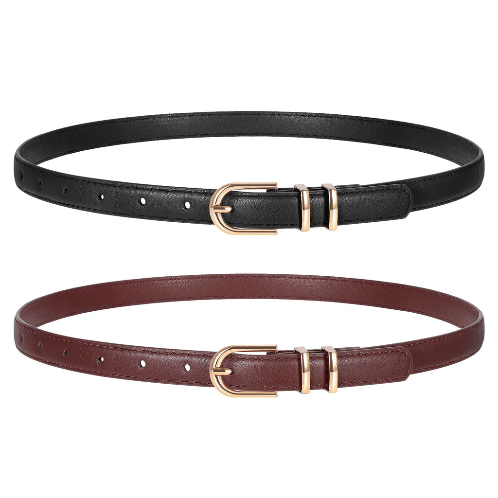 TRIWORKS 2 Pack Women Skinny Leather Belts for Jeans Pants Thin Faux Leather Belt with Gold Buckle