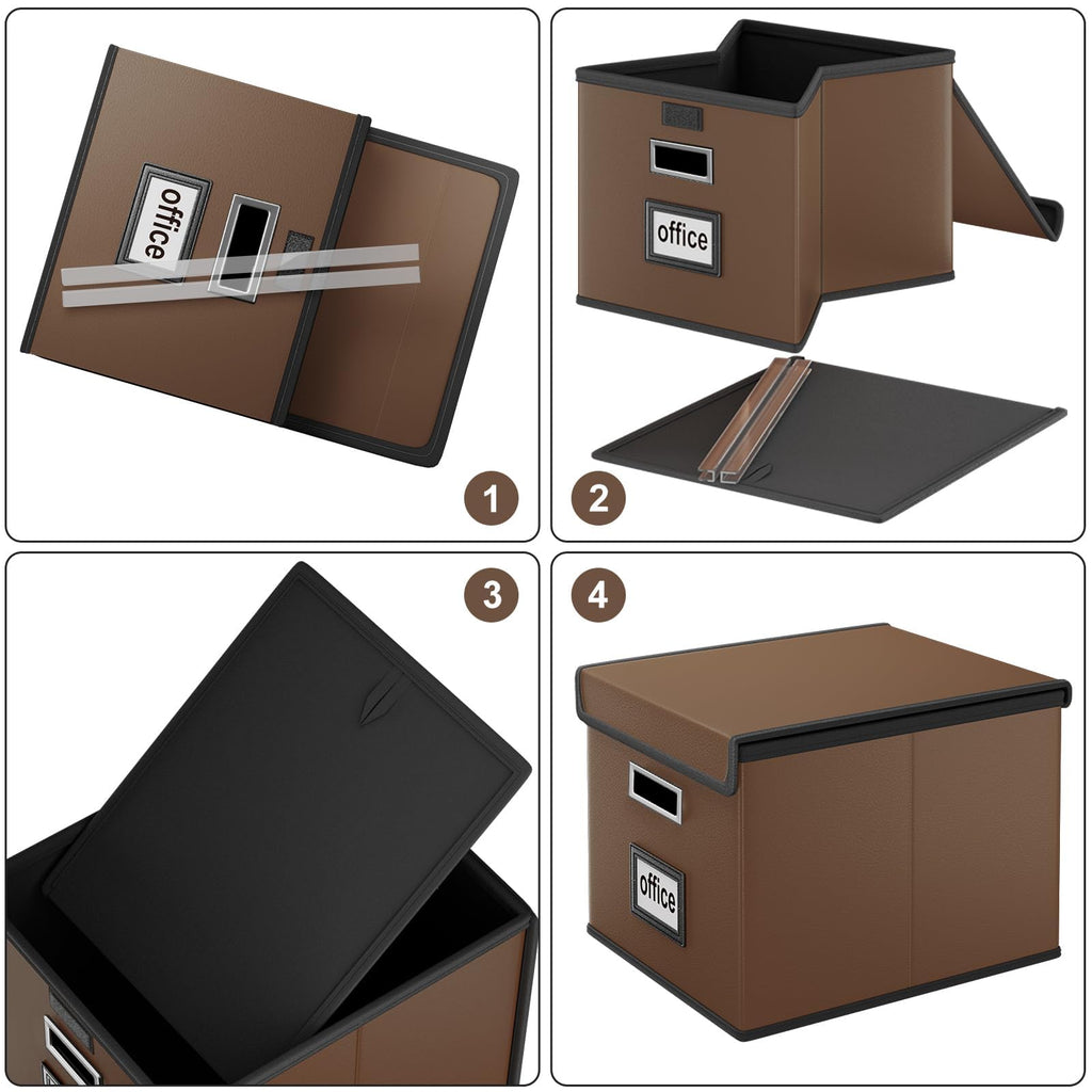 File Organizer Box with Lid, Collapsible Faux Leather Hanging File Folder Box Organizer with Plastic Slides, Decorative Home/Office Filing System Boxes for File and Folders Storage