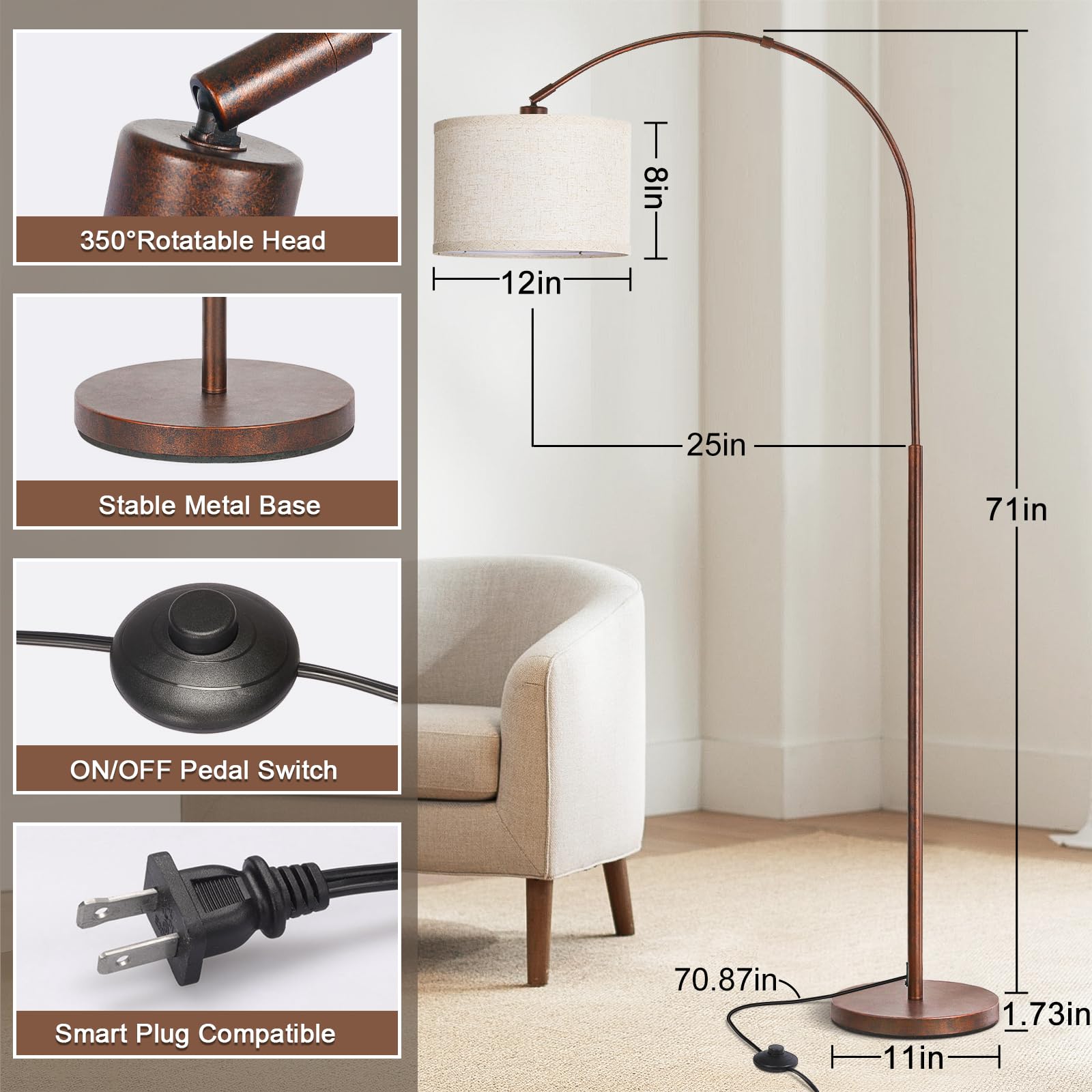 Rattan Floor Lamp, Arc Floor Lamps for Living Room, Farmhouse Standing Lamp with Adjustable Hanging Fabric Shade, Tall Pole Lamp with Foot Switch, Over Couch Arched Reading Light for Bedroom, Office
