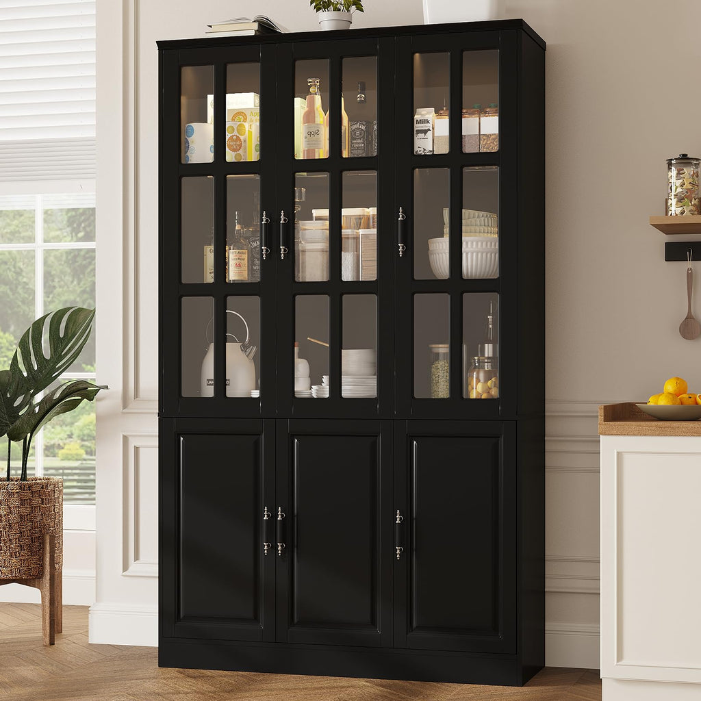 MEISSALIVVE Kitchen Pantry Storage Cabinet with LED Lights, 78.7" Tall with Glass Doors & Drawers, Freestanding Utility Cabinet, Black (31.5" W x 15.7" D)