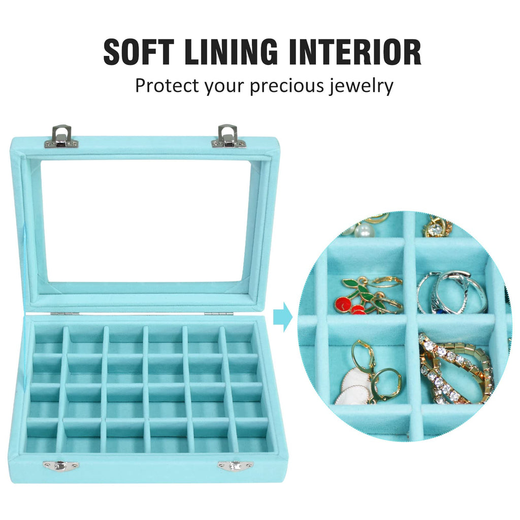 Vicoter Velvet Jewelry Box 24 Grid Jewelry Ring Display Organiser Box Tray Holder Earrings Storage Case for Girls Wife Mom Women (Beige)