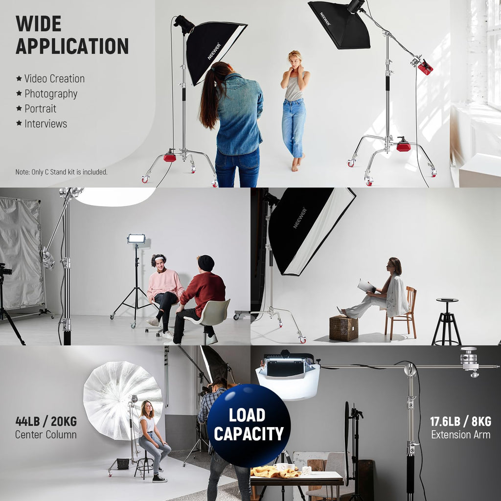 NEEWER Pro 100% Stainless Steel Heavy Duty C Stand with Boom Arm, Max Height 68"/172cm Photography Light Stand with 2.7ft/83cm Holding Arm, 2 Grip Head for Studio Monolight, Softbox, Reflector, SC172