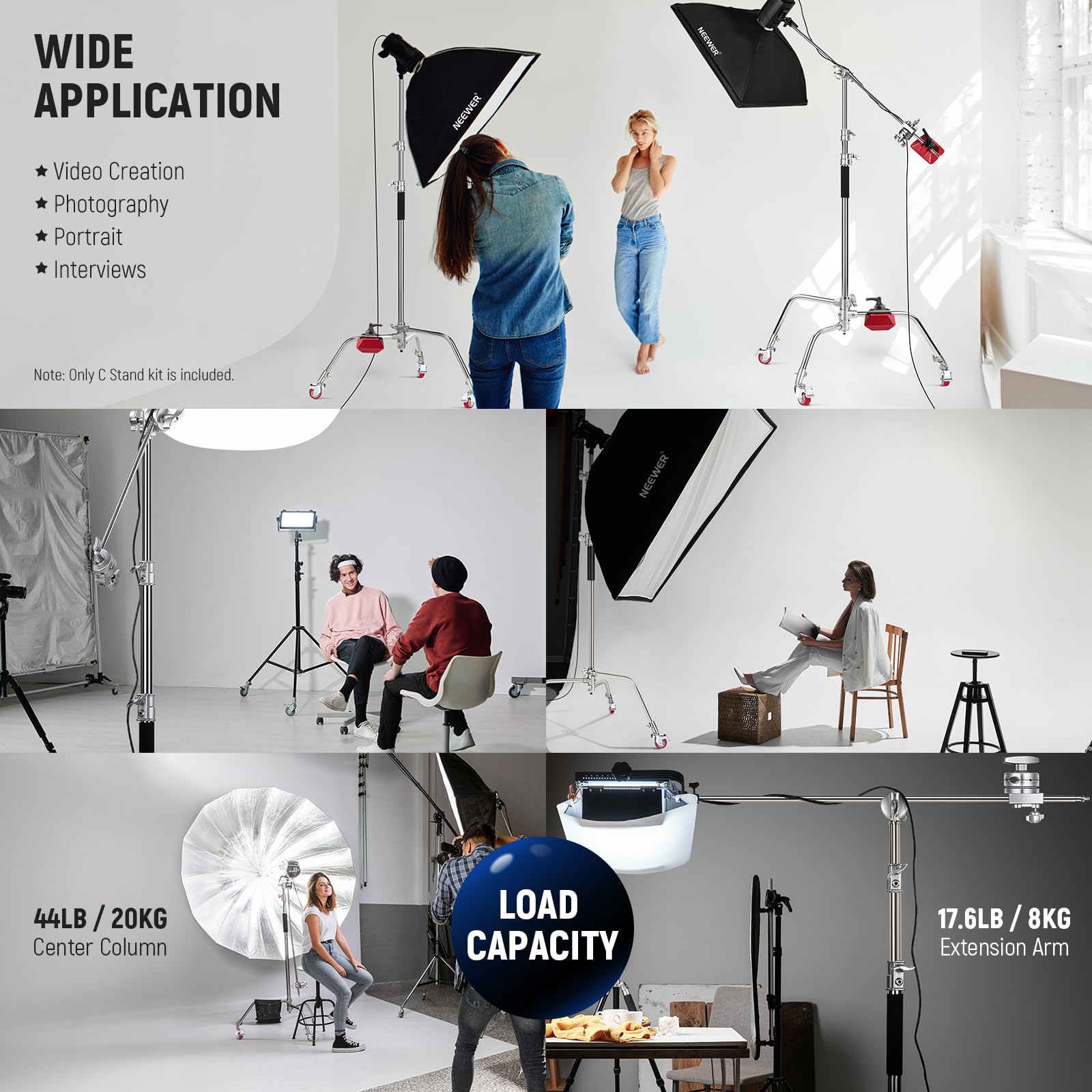 NEEWER Pro 100% Stainless Steel Heavy Duty C Stand with Boom Arm, Max Height 68"/172cm Photography Light Stand with 2.7ft/83cm Holding Arm, 2 Grip Head for Studio Monolight, Softbox, Reflector, SC172