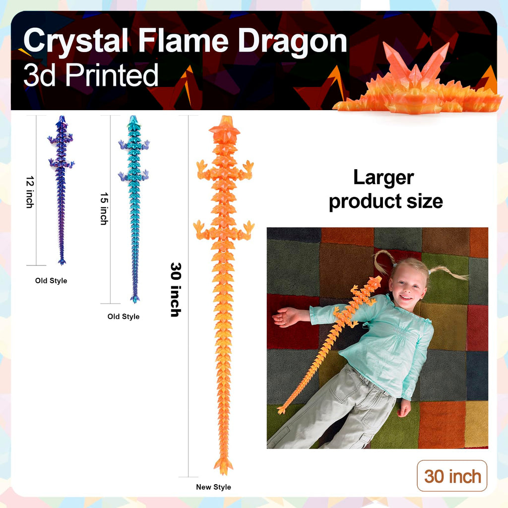 24" Large 3D Printed Dragon - Huge Articulated Crystal Dragon Fidget Toy, Giant Flexible 3D Dragon Figure, Birthday Gift for Boys Girls Kids & Collectors, Home Office Executive Desk Decor