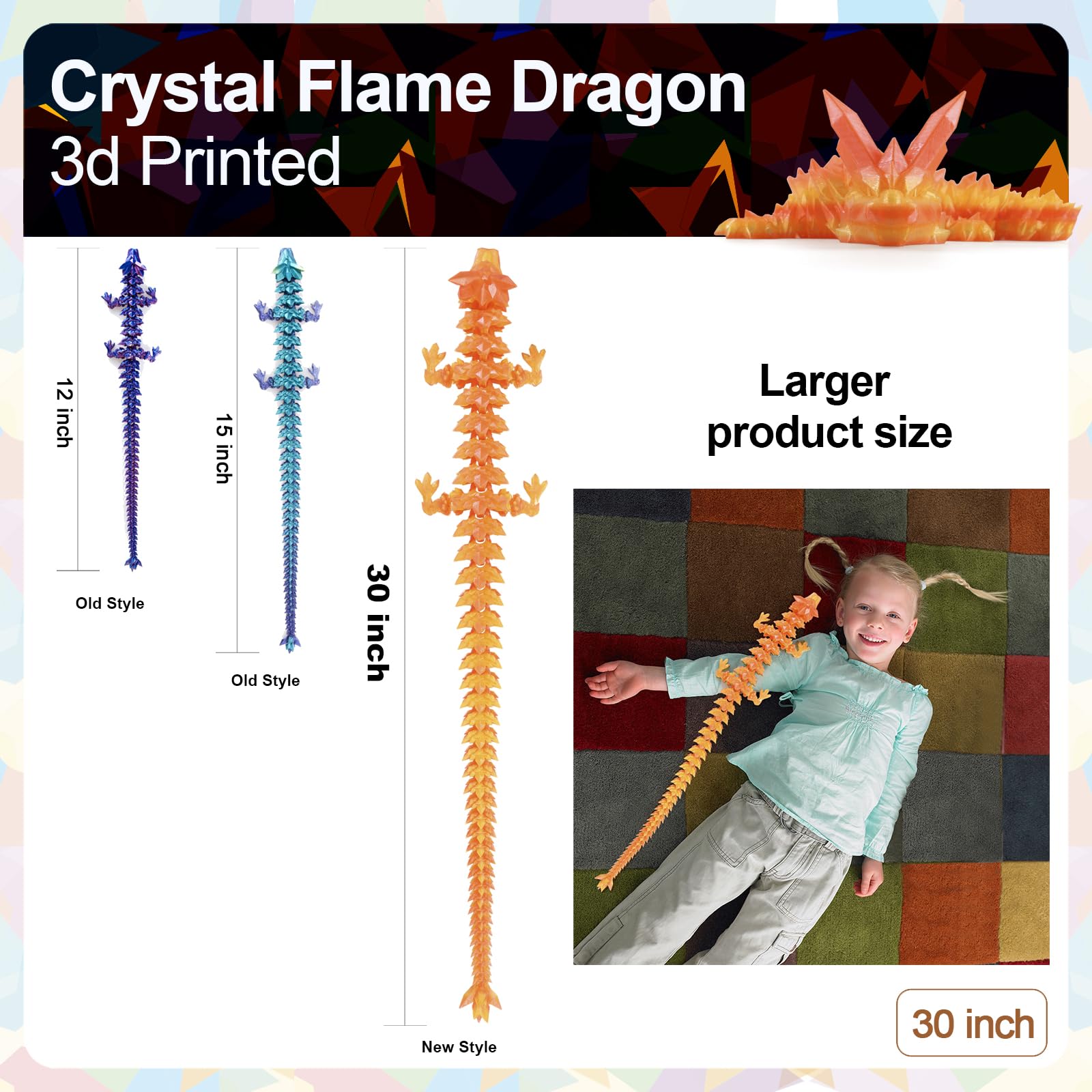24" Large 3D Printed Dragon - Huge Articulated Crystal Dragon Fidget Toy, Giant Flexible 3D Dragon Figure, Birthday Gift for Boys Girls Kids & Collectors, Home Office Executive Desk Decor