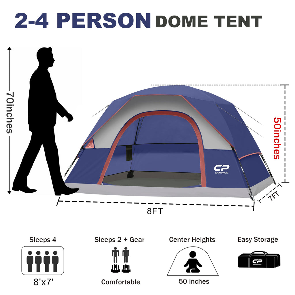 CAMPROS CP Camping Tent 2/4/6 Person, Waterproof Windproof Double Layer Dome Tent, Easy Setup with Large Mesh Windows & Wide Door for Outdoor Camping Backyard