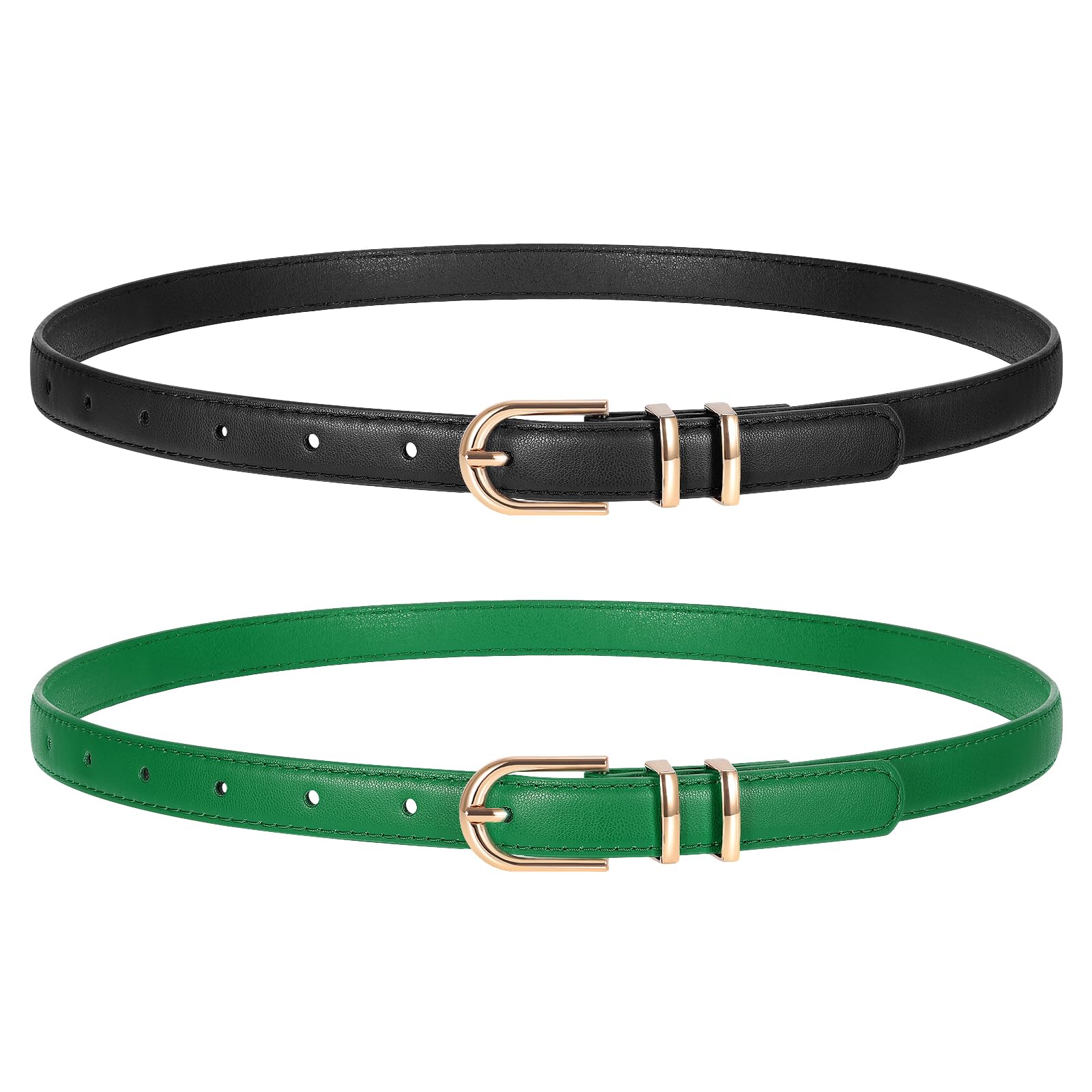 TRIWORKS 2 Pack Women Skinny Leather Belts for Jeans Pants Thin Faux Leather Belt with Gold Buckle