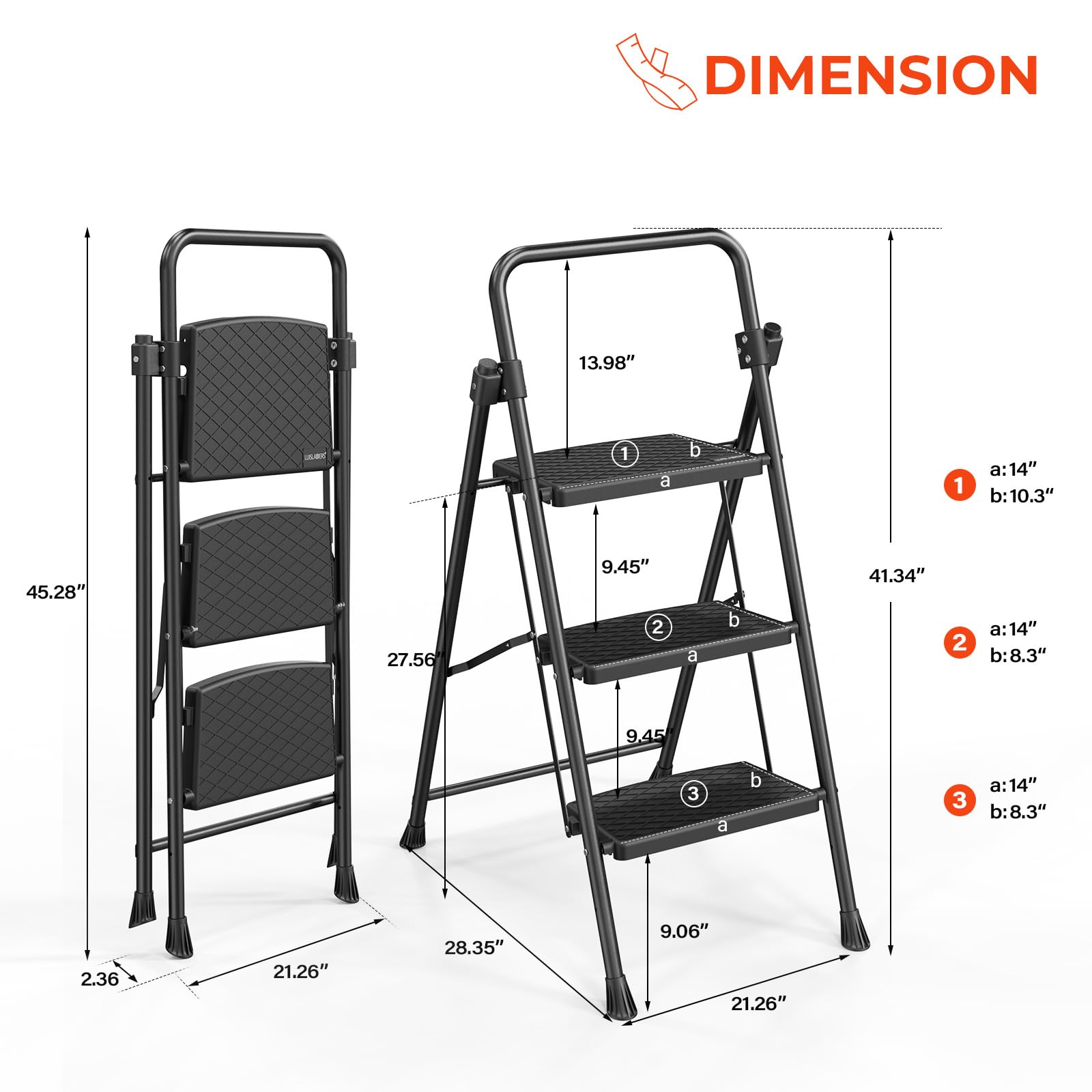 LUISLADDERS 3 Step Ladder with Handrails, Folding Step Stool with Widened Anti-Slip Pedal, 500lbs Lightweight Step Ladder 3 Step Folding, Multi-use for Home Kitchen Pantry Office, Black