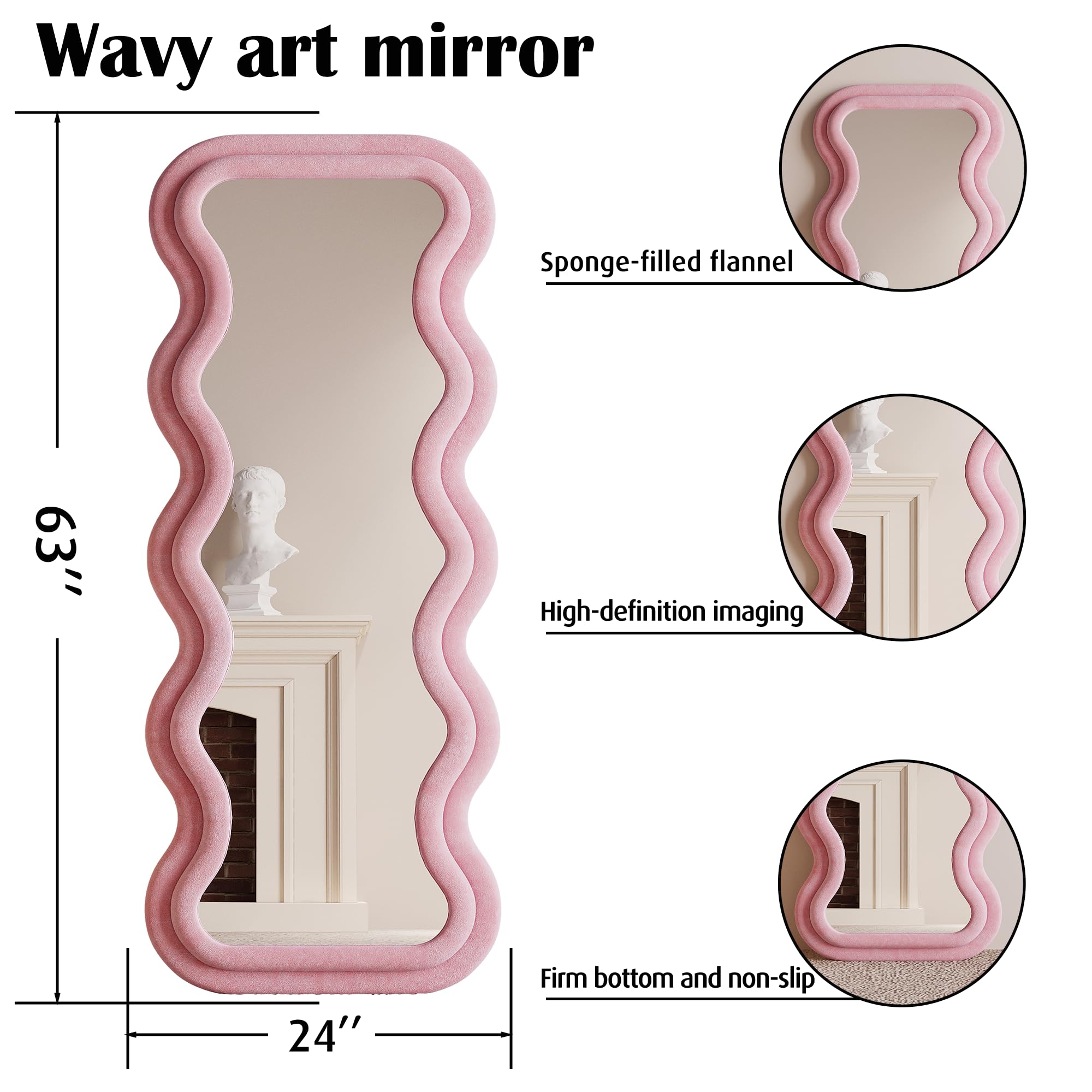 BOJOY Full Length Mirror, 63" x 24" Wall Mirror, Flannel Wrapped Wooden Frame Floor Mirror, Irregular Wavy Mirror Hanging or Leaning Against Wall for Cloakroom/Bedroom/Living Room, Black