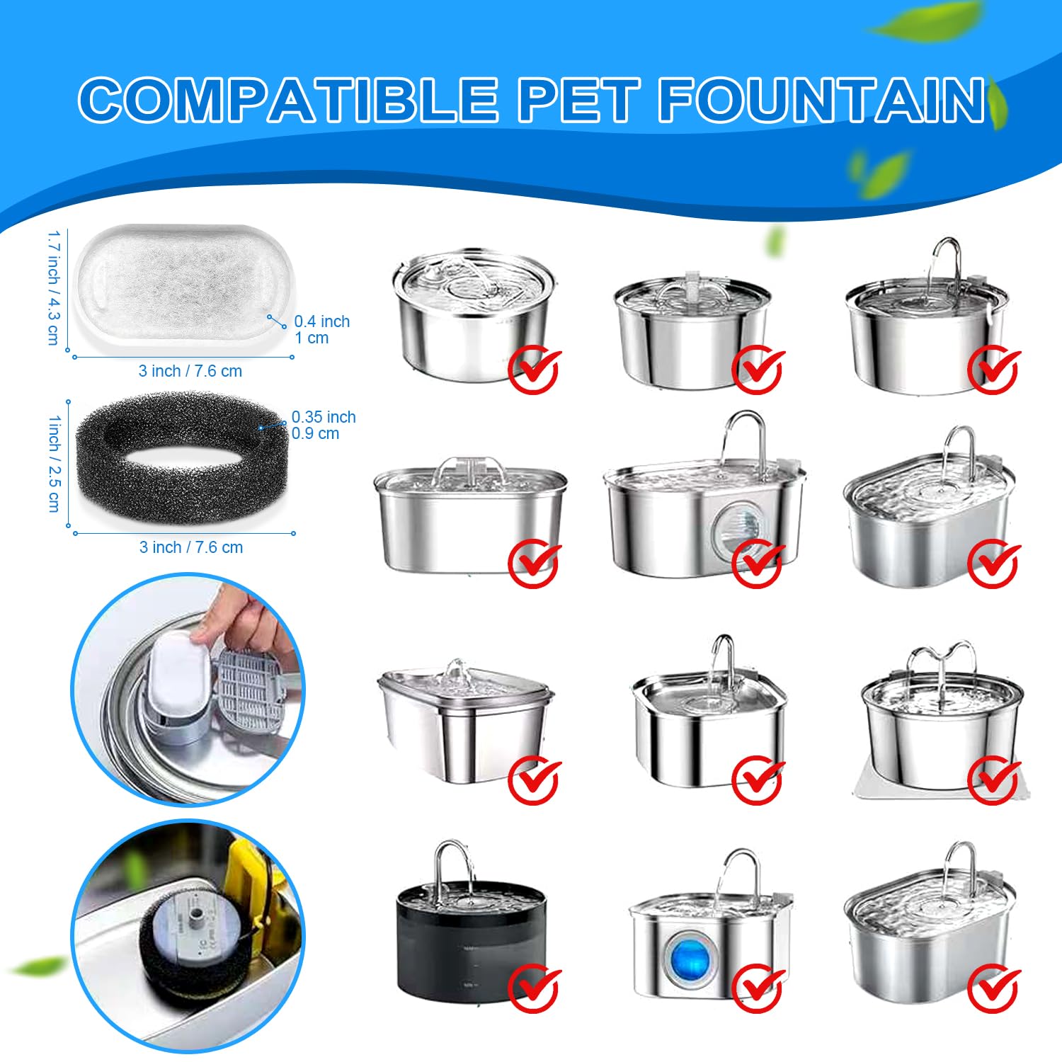 Cat Water Fountain Filters, 20Pack Cat Fountain Replacement Filters for Stainless Steel 108oz/3.2L& 67oz/2L adjustable Water Flow Pet Water Fountain,Dog Water Fountain Filters（10 Filters& 10 Sponges)