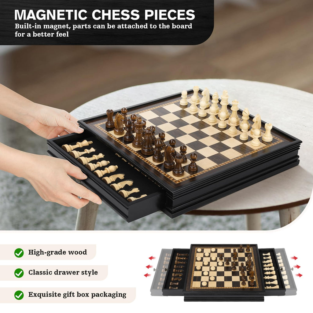 Peradix Magnetic Chess and Checkers Set with 2 Built-in Storage Drawers, Classic 2 in 1 Wooden Board Games, Magnetic Chess Pieces 2 Extra Queens, 12.8" Chess Set for Adults and Kids Gift Package