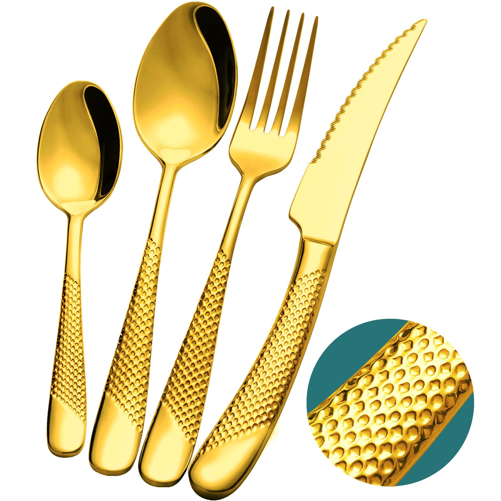 16-Piece Modern Black Hammered Silverware Set with Ultra Sharp 2-IN-1 Serrated Knives, 18/10 Stainless Steel Flatware Set, Titanium Plated Cutlery Set Service for 4, Dishwasher Safe