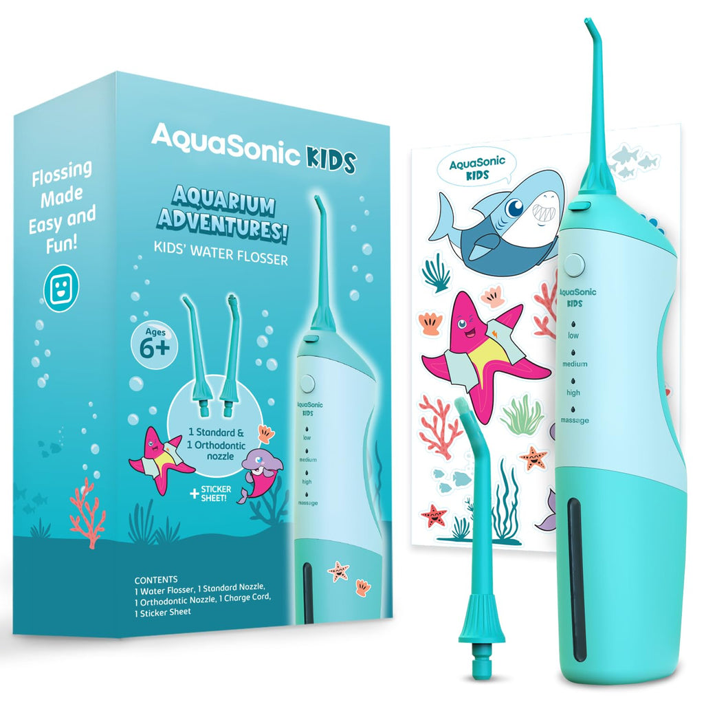 AquaSonic Kids' Water Flosser for Ages 6+ | Standard Nozzle, Orthodontic Nozzle & Waterproof Stickers | 4 Flossing Modes | Aquarium Adventures Theme (Blue)