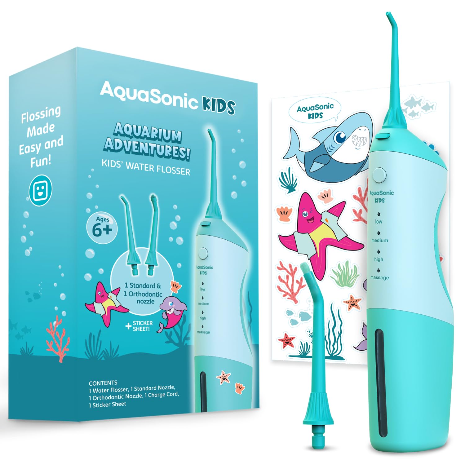 AquaSonic Kids' Water Flosser for Ages 6+ | Standard Nozzle, Orthodontic Nozzle & Waterproof Stickers | 4 Flossing Modes | Aquarium Adventures Theme (Blue)
