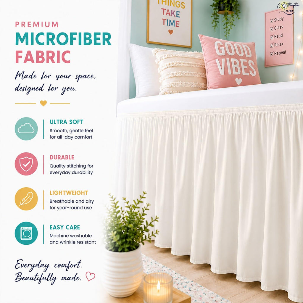 Cottington Lane Ruffled Dorm Room Bed Skirt Twin XL 25 Inch Drop, Hotel Quality Premium Brushed Microfiber Twin Extra Long College Dust Ruffle, White