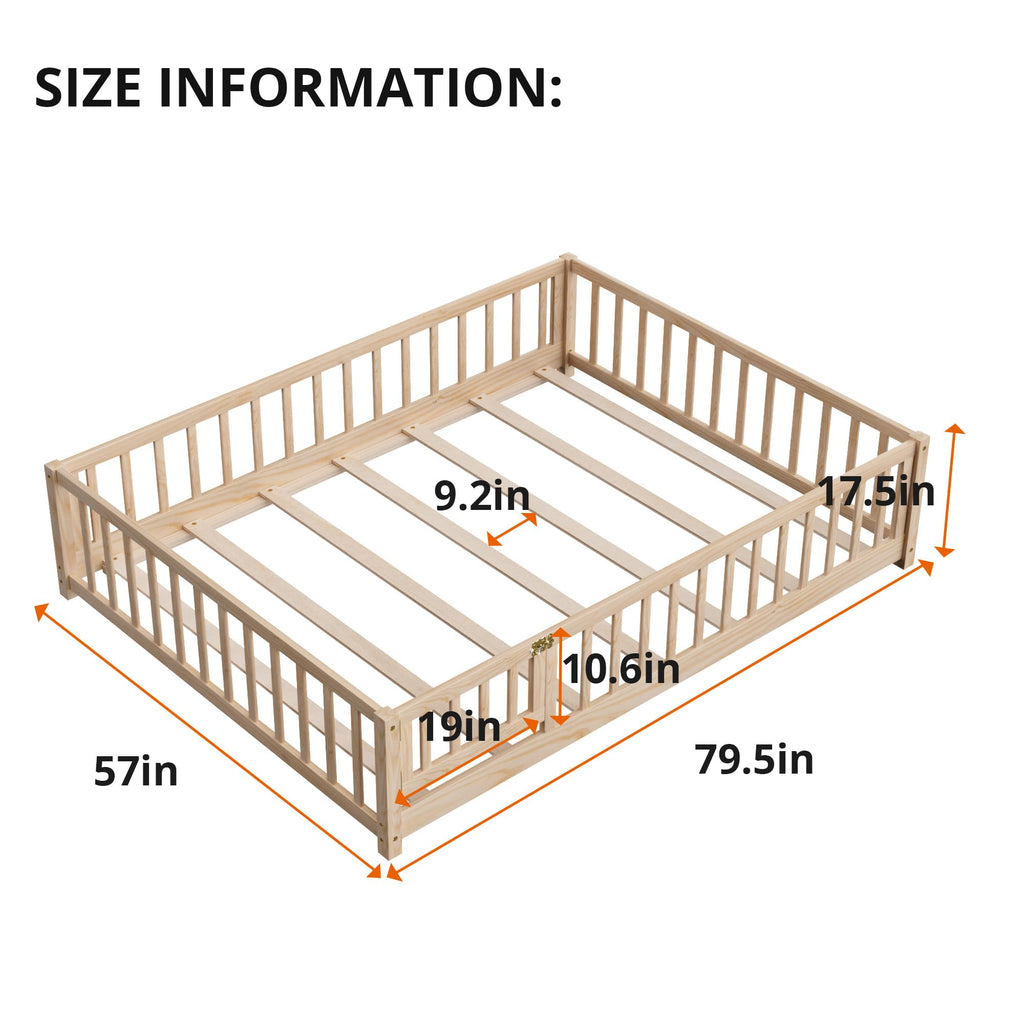 i-POOK Queen Floor Bed for Children, Sturdy Wood Montessori Bed Frame with Wood Slats, High Fence & Small Door for Girls and Boys, Espresso (with Bed Slats)