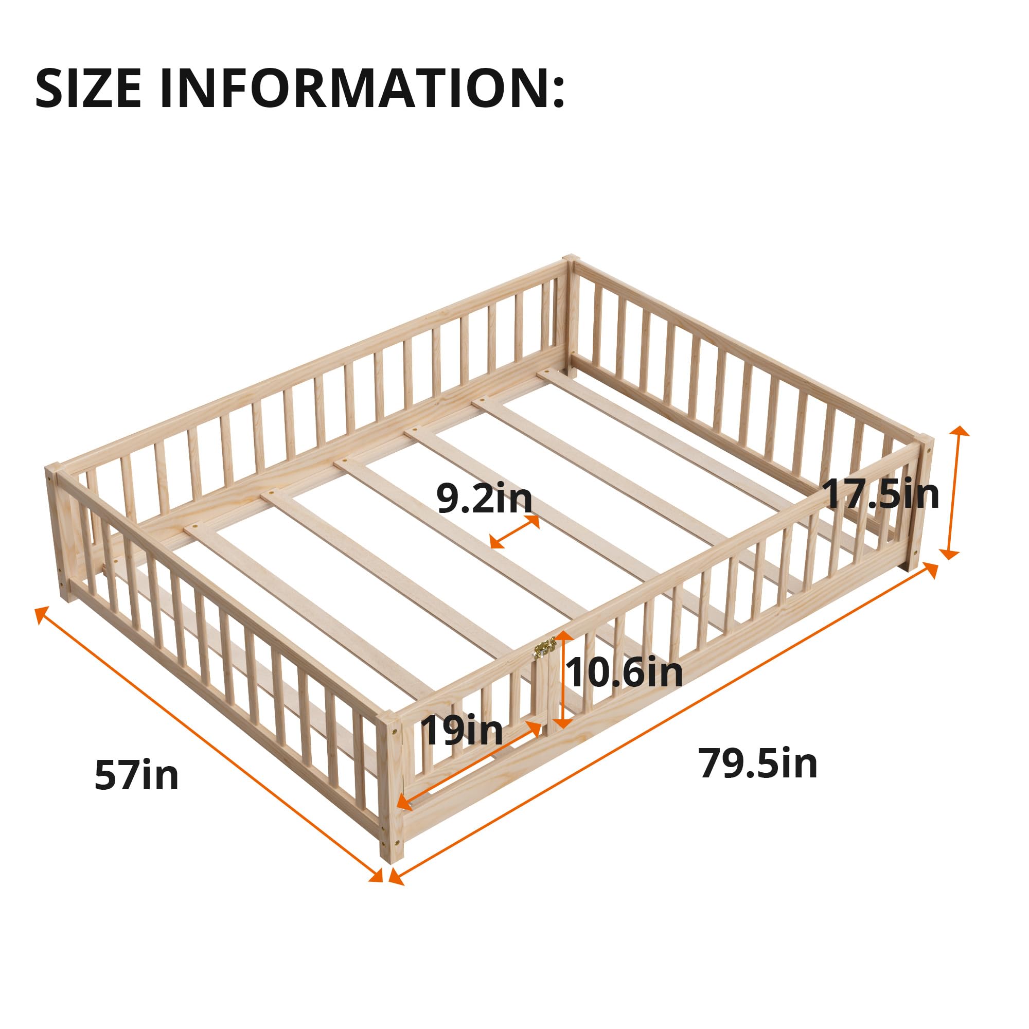 i-POOK Queen Floor Bed for Children, Sturdy Wood Montessori Bed Frame with Wood Slats, High Fence & Small Door for Girls and Boys, Espresso (with Bed Slats)