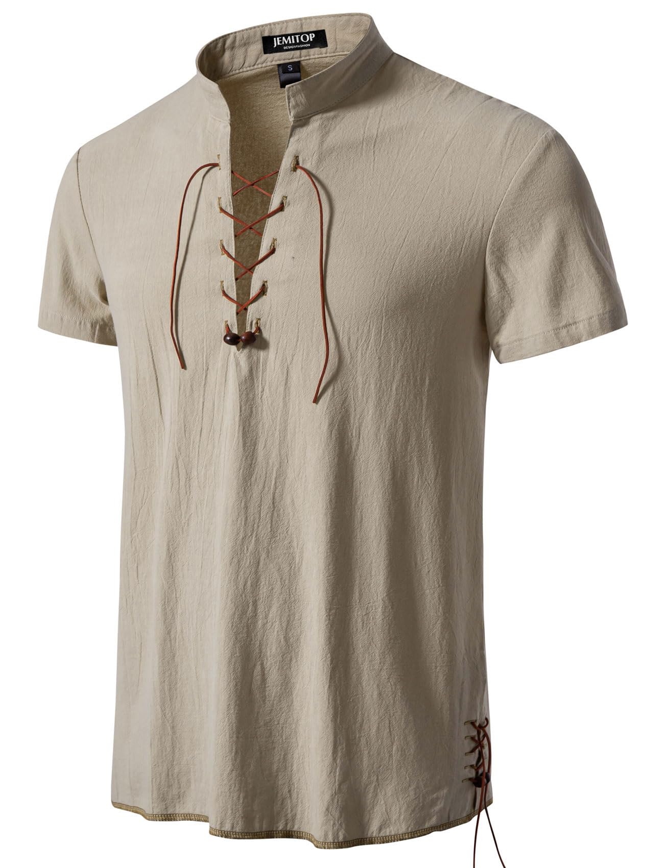 JEMITOP Men's Pure Cotton Vintage Short Sleeve Lace Up Shirts for Renaissance Pirate Viking Medieval Costume