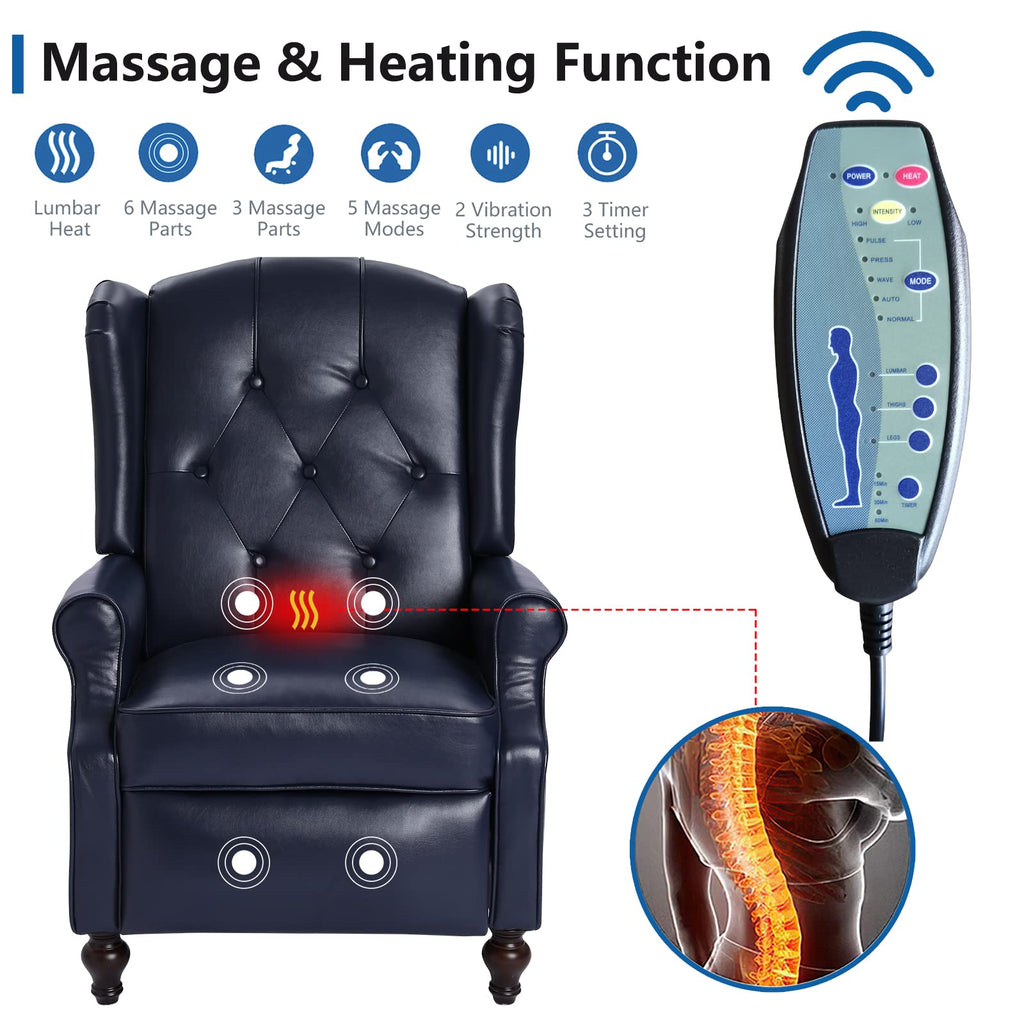 Wingback Chair with Massage and Heat, Tufted Fabric Pushback Recliner Chair, Wingback Recliner Chair with Remote Control, Padded Cushion, Wooden Legs, Small Recliners for Small Spaces