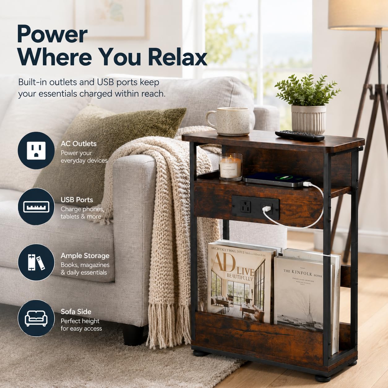 YEAKOO Narrow Side Table with Charging Station, 3-Tier End Table with 2 USB Ports & Power Outlets,Thin Sofa Side Table for Narrow and Small Spaces, Bedside Table Nightstand for Living Room,Black