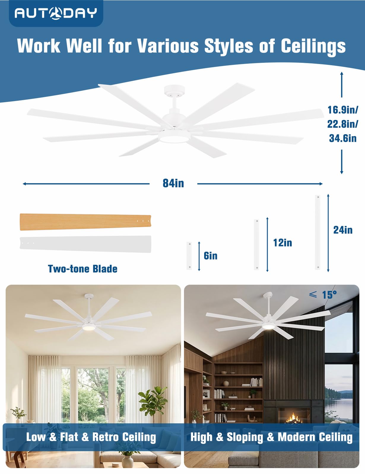 42 Inch Low Profile Ceiling Fan with Light, White Ceiling Fans with Lights and Remote, Flush Mount, 6 Speeds Reversible Quiet DC, 3CCT Dimmable, Indoor Outdoor Ceiling Fans for Patios Bedroom