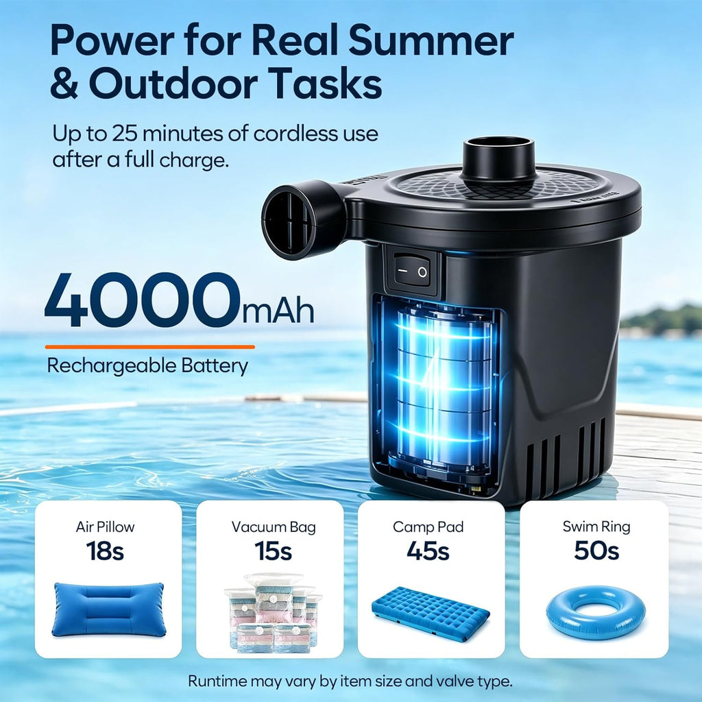 AGPTEK Rechargeable Air Pump, Electric Air Pump 4000mAh Battery Quick-Fill Inflator & Deflator with 3 Nozzles, Lightweight & Portable Perfect for Air Beds, Air Mattresses, Pool Toys & Inflatable