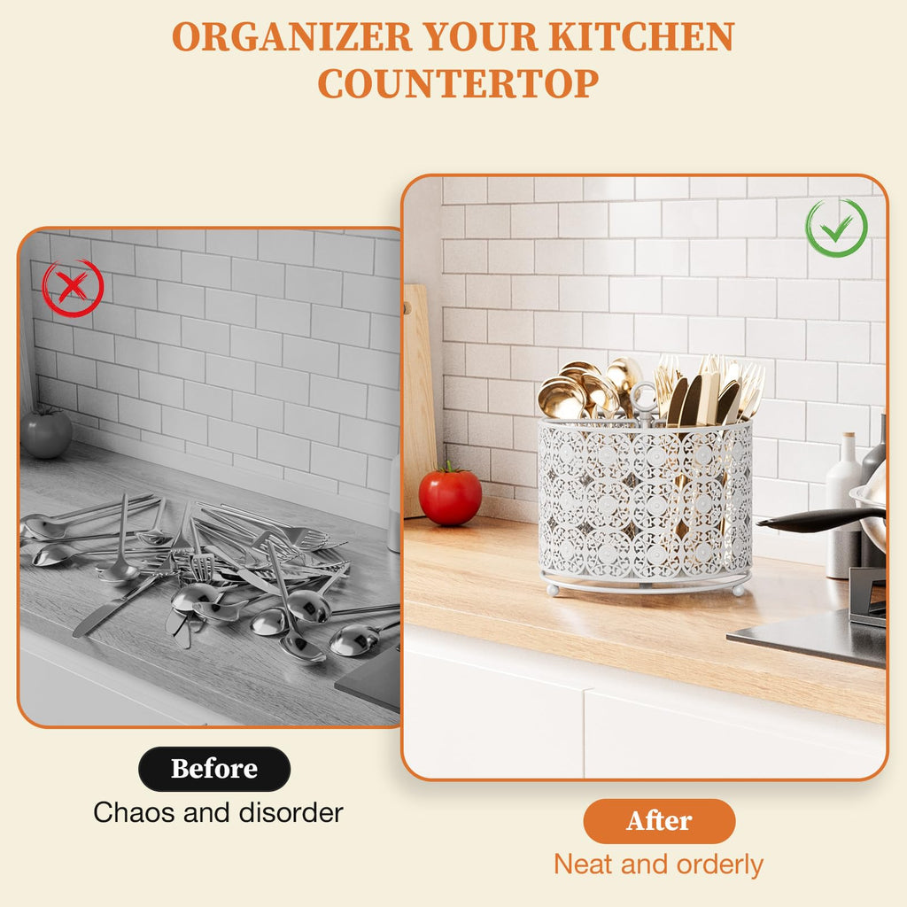 YIUKEA 360° Rotating Utensil Caddy Countertop - Cutlery Silverware Caddy Holder with 4 Compartment - Higher Raised Flatware Organizer with Handle for Party Kitchen Counter Office Black