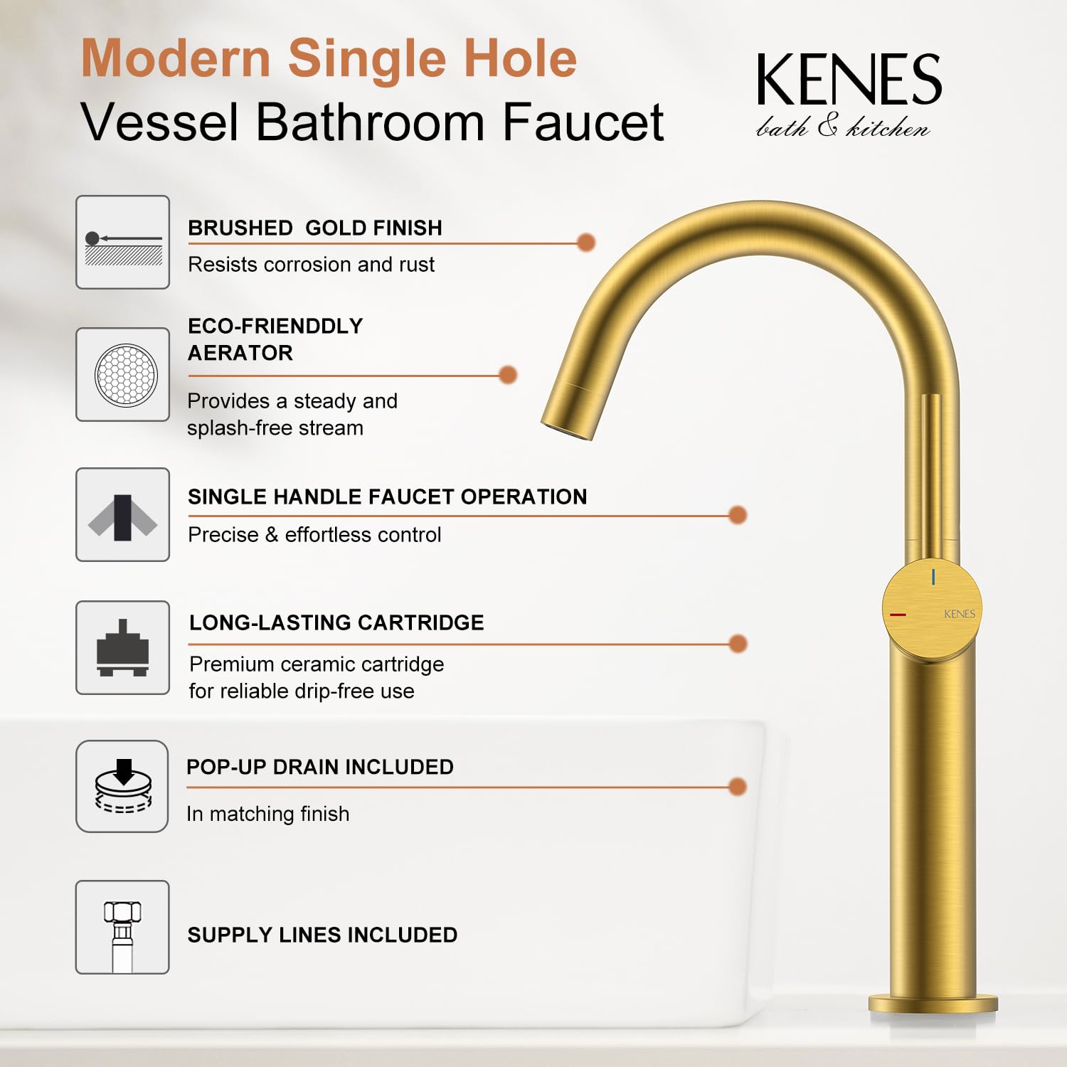 KENES Black and Gold Single Handle Bathroom Sink Faucet, Modern Prep Wet Bar Sink Faucet with Drain Assembly & Deck Plate, Vanity Faucets for Farmhouse RV Camper Utility, KE-9005B-BG
