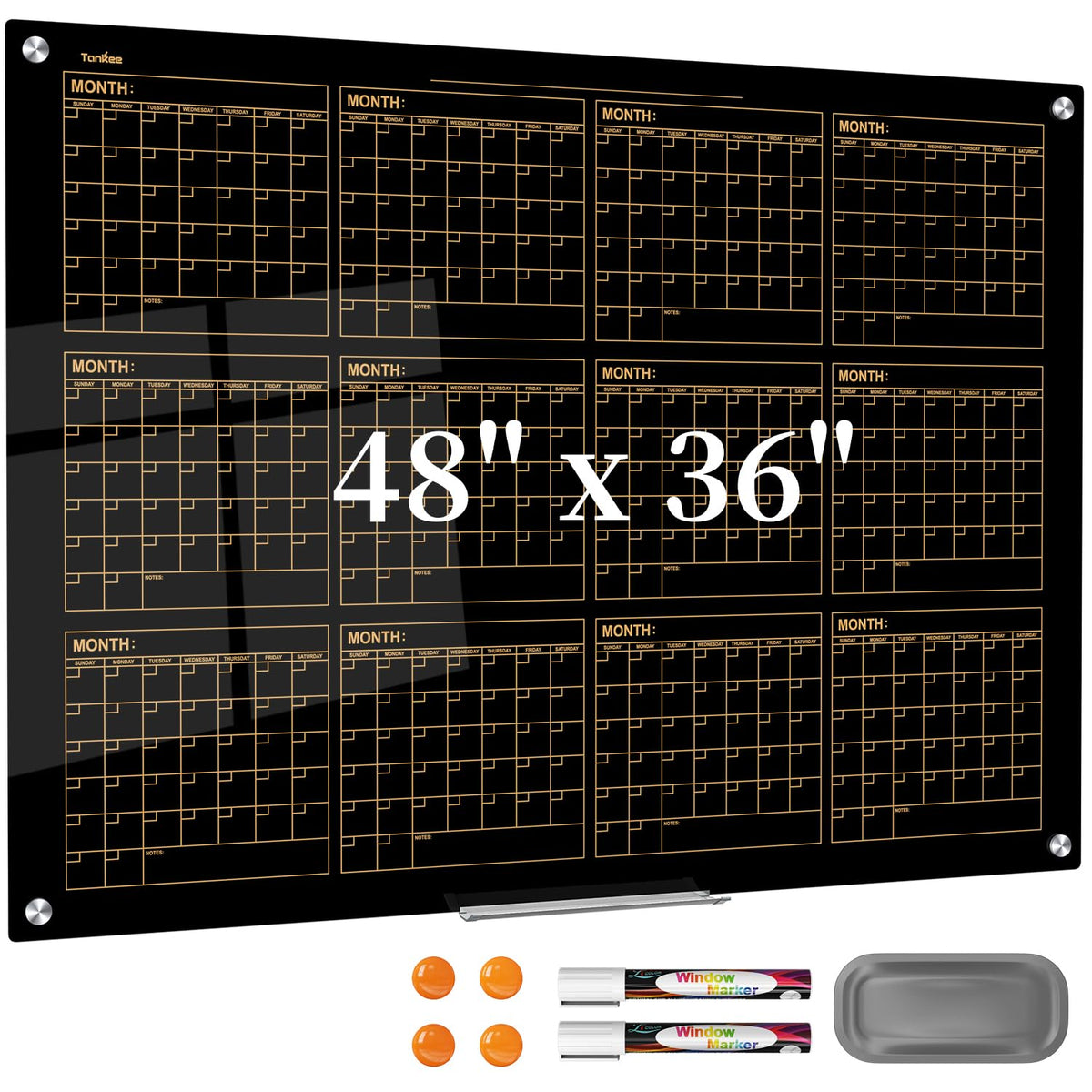 Dry Erase Board Black Magnetic Glass Whiteboard, TANKEE Modern Large Frameless Tempered Glass White Board for Wall, Office, School, Home, 36” x 24”, 3' x 2' White Board