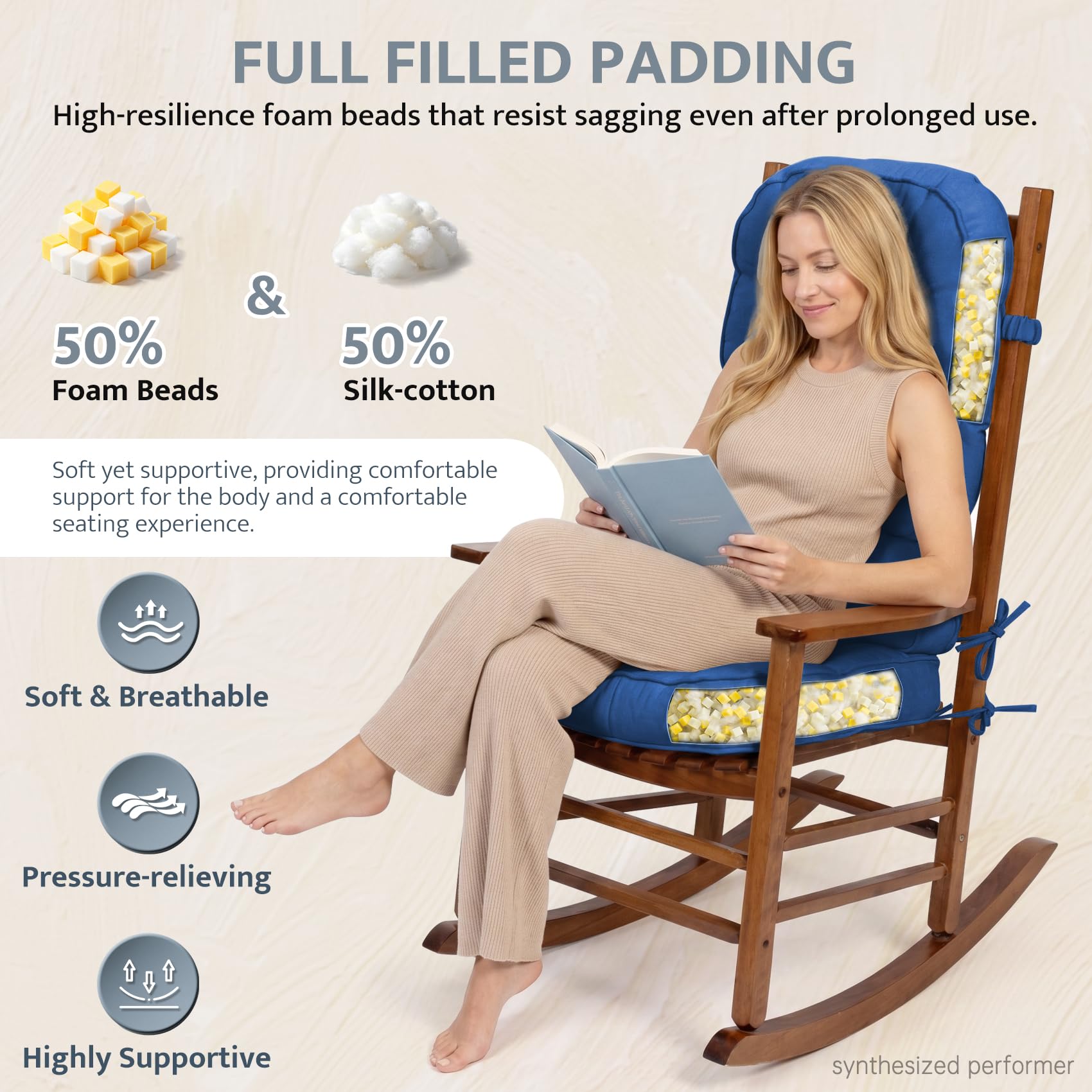 mudilun Rocking Chair Cushion - Non-Slip Tufted 4-Inch Thickened Rocking Chair Cushions with Ties Indoor/Outdoor Wooden Rocking Chair Pad for Living Rooms, Bedrooms, and Balconies