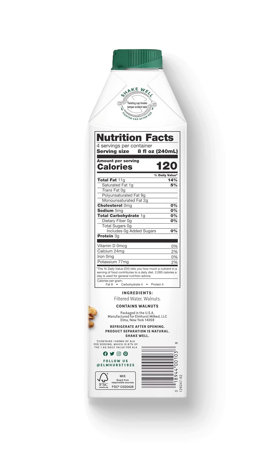 Elmhurst 1925 Unsweetened Walnut Milk - 32 Ounce Dairy-Free, Gluten-Free, Vegan, Kosher, Shelf Stable Milk Made with Water & Walnuts for Healthier, Simpler Plant-Based Alternatives