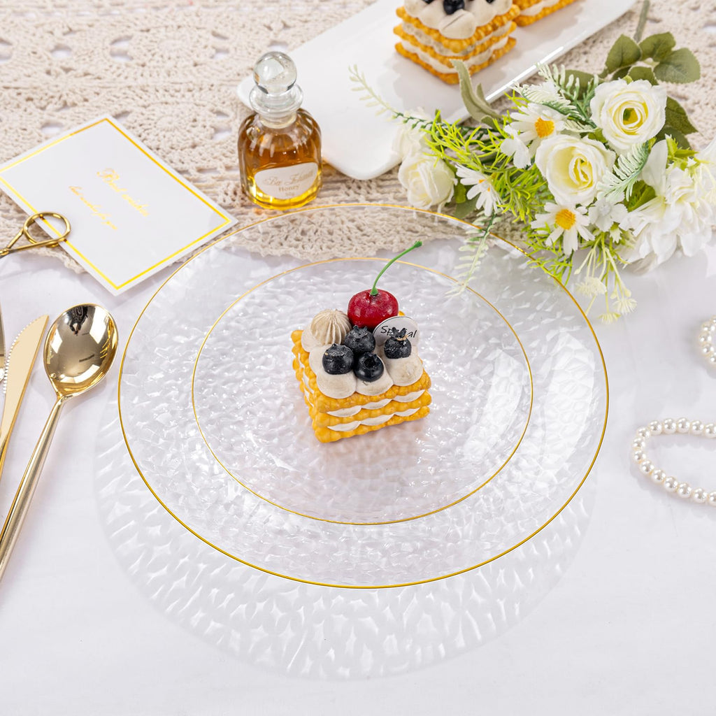 Rubtlamp 100Pcs Amber Gold Plastic Plates, Disposable Plates With Gold Rim, Heavy-duty Party Platos, Hammered Plastic Plates Include 50 Clear Dessert Plates, 50 Dinner Plates for Party