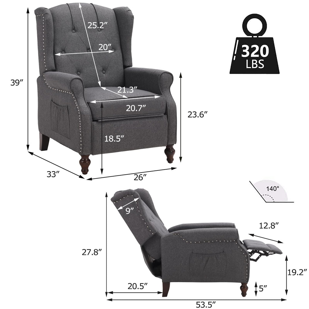 Wingback Chair with Massage and Heat, Tufted Fabric Pushback Recliner Chair, Wingback Recliner Chair with Remote Control, Padded Cushion, Wooden Legs, Small Recliners for Small Spaces