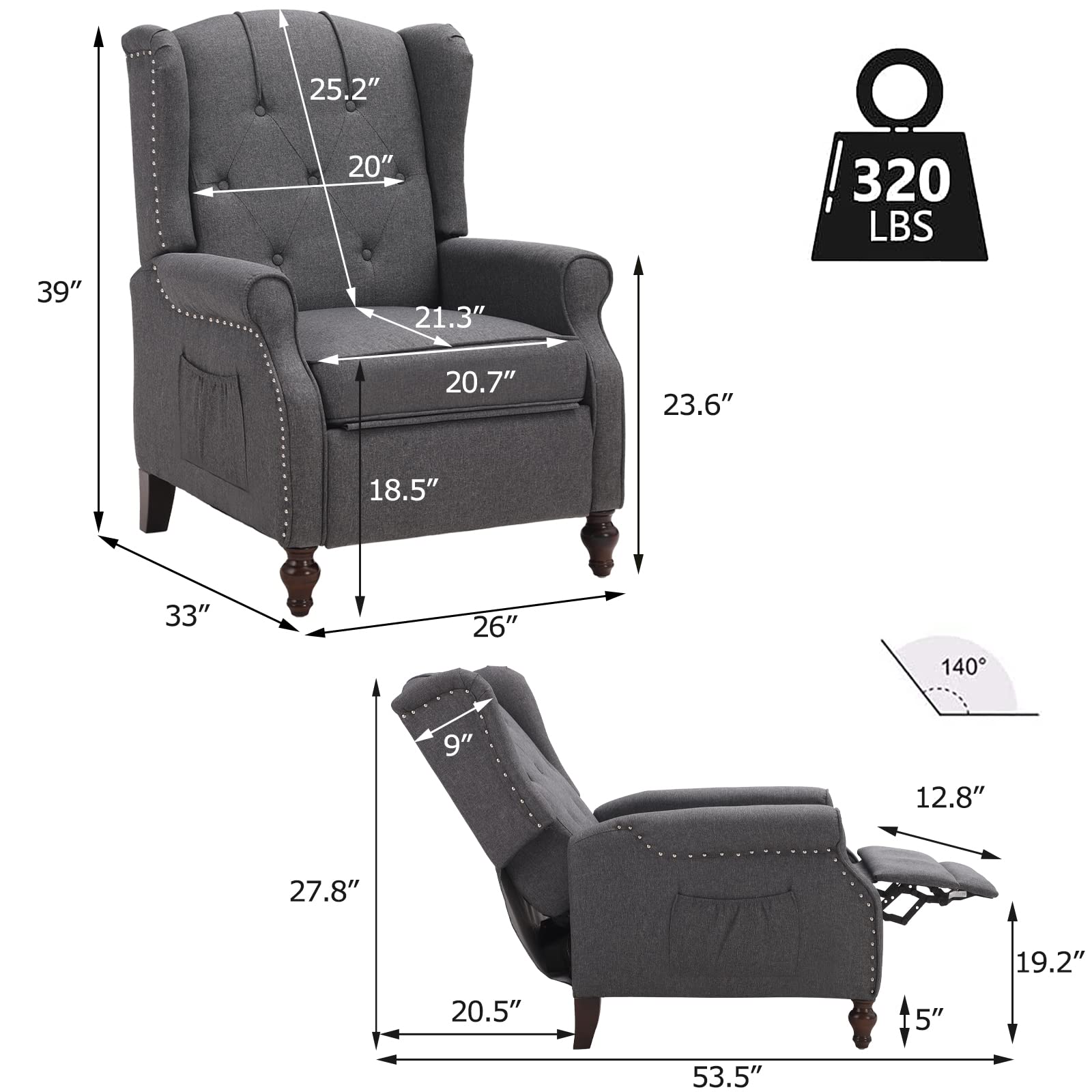 Wingback Chair with Massage and Heat, Tufted Fabric Pushback Recliner Chair, Wingback Recliner Chair with Remote Control, Padded Cushion, Wooden Legs, Small Recliners for Small Spaces