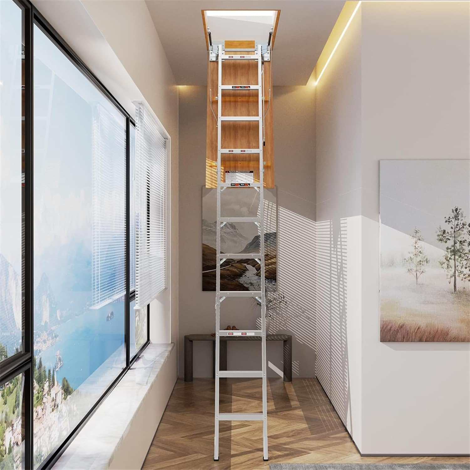 Aluminum Attic Ladder - Retractable Loft Stairs, Folding Pull-Down Design, Manual Lifting for 7'8"-10'3" Ceiling Height, 22.5" x 54", 375 lbs Capacity