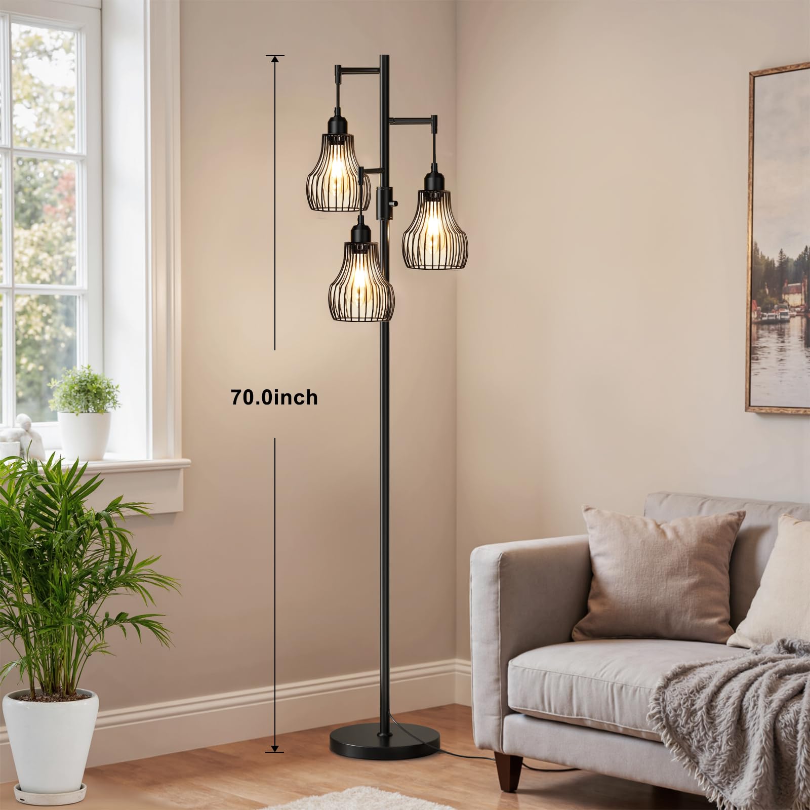 Ziisee Dimmable Floor Lamps for Living Room, Industrial Tree Standing Tall Lamps with 3 Elegant Cage Shade & 800 Lumens LED Bulbs for Bedroom Office - Brown