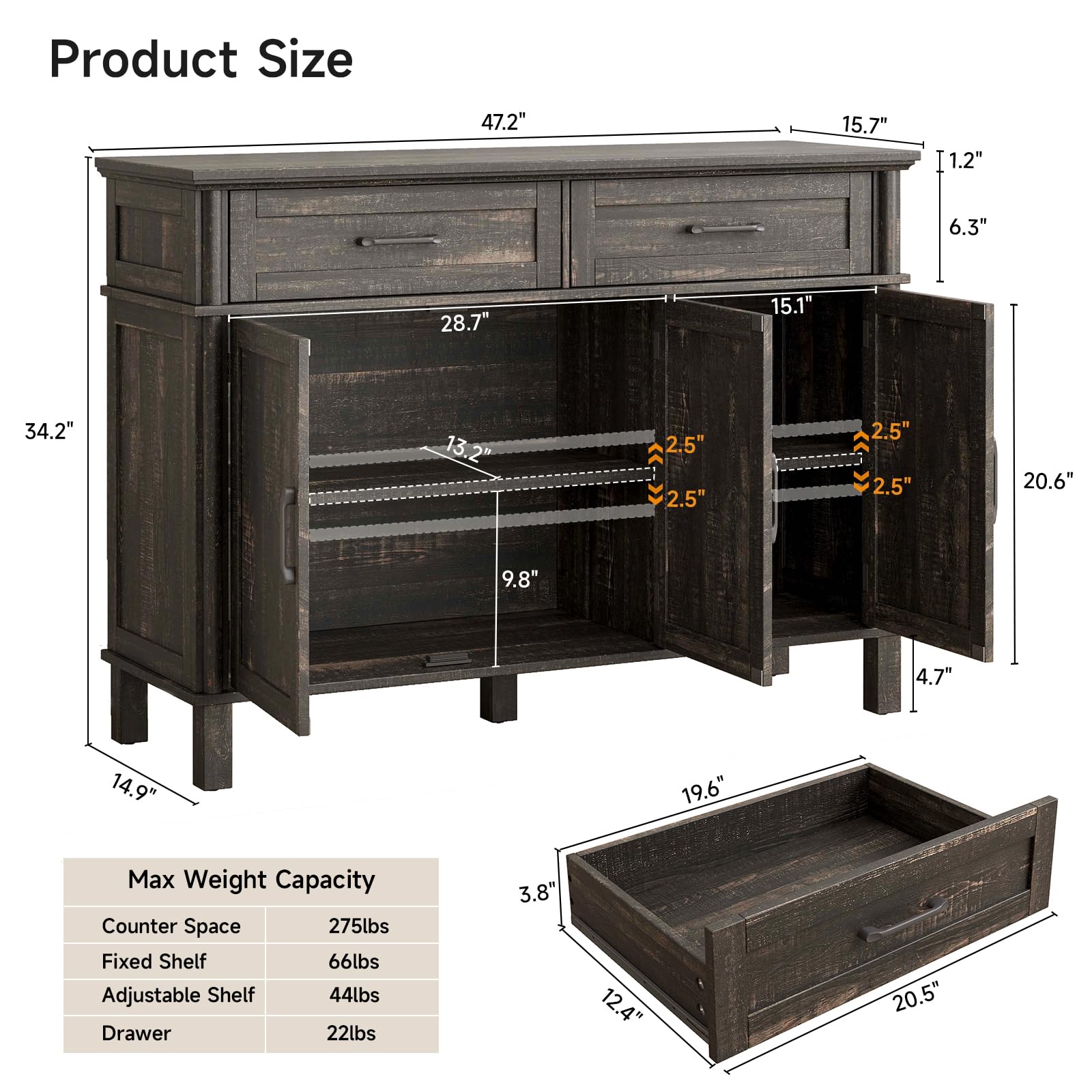 ONBRILL 48 Inches Buffet Cabinet with Storage, Farmhouse Sideboard Buffet w/2 Drawers and 3 Doors, Wood Coffee Bar Cabinet with Adjustable Shelves, Sideboard Storage for Kitchen, Living Room, Black
