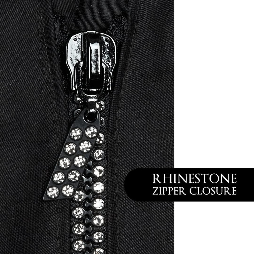 Betty Dain Glitz Rhinestone Zipper Salon Stylist Vest, Rhinestone Closure and Iridescent Fabric, V-Neckline, Adjustable Belt, Pockets with Zippered Bottoms, Water Resistant Lightweight, Black, XS