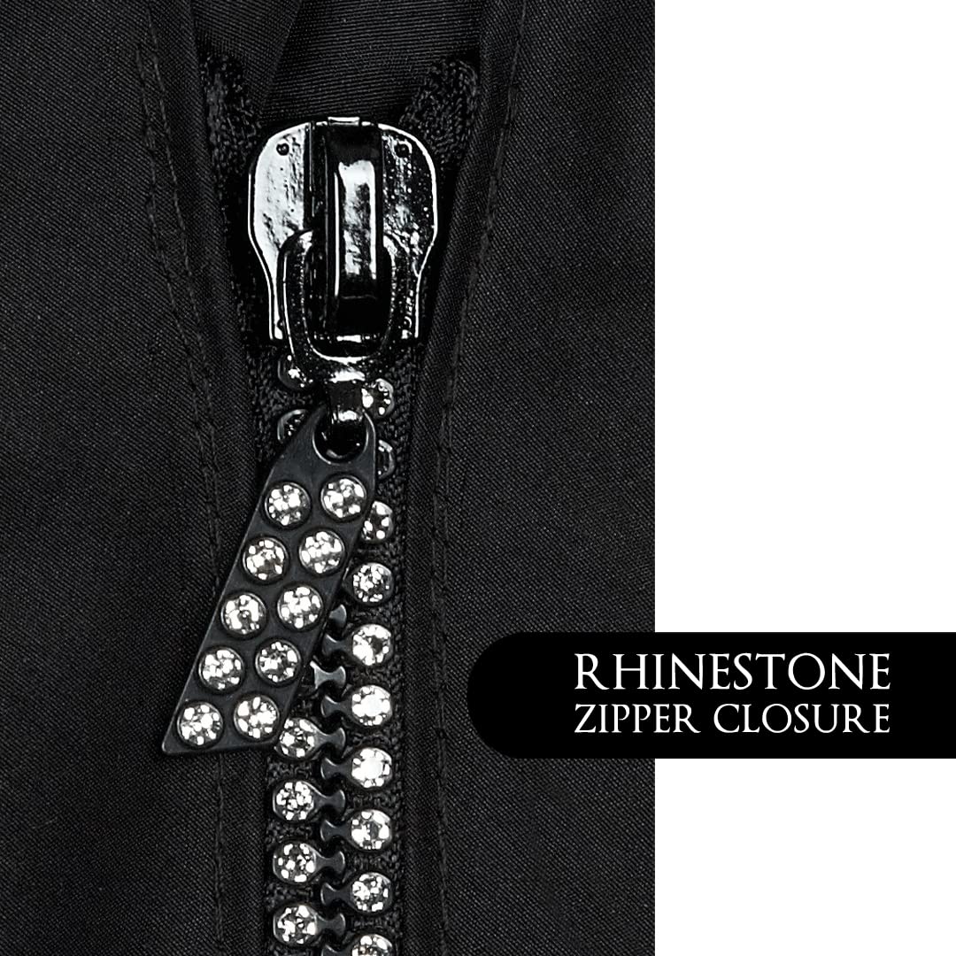 Betty Dain Glitz Rhinestone Zipper Salon Stylist Vest, Rhinestone Closure and Iridescent Fabric, V-Neckline, Adjustable Belt, Pockets with Zippered Bottoms, Water Resistant Lightweight, Black, XS