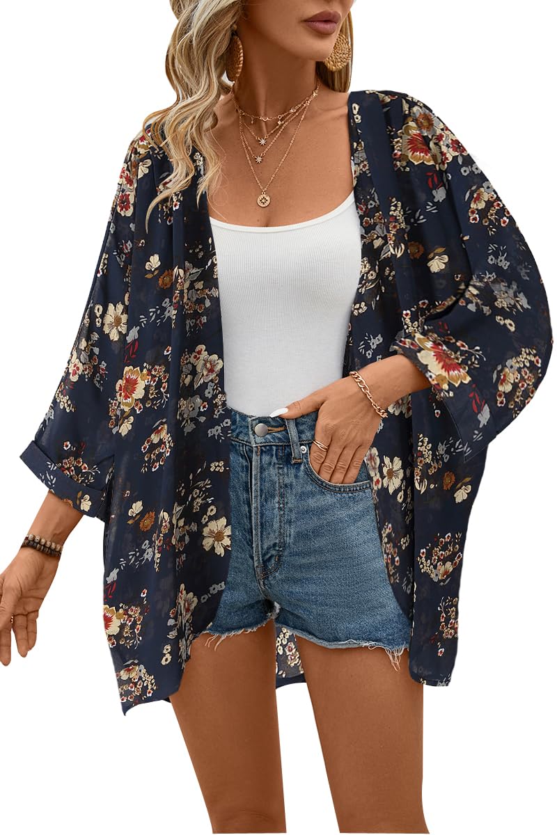olrain Women's Floral Print Sheer Chiffon 3/4 Bat Sleeve Casual Loose Kimono Cardigan Capes