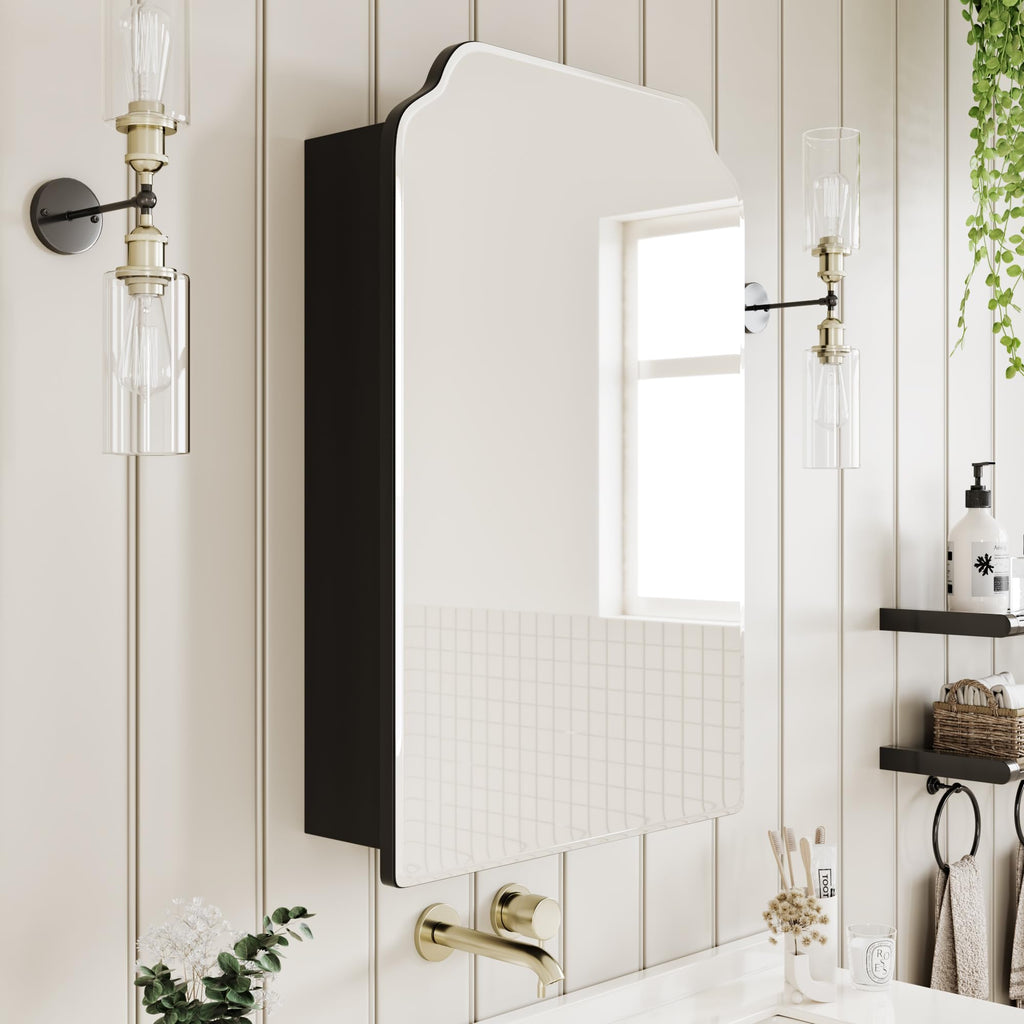 AGDULL Victorian Surface Mount or Recessed Medicine Cabinet, Wood Bathroom Wall Cabinet with Arched Mirror, Black, Left-Swing Door, Overall 16.5" W x 24" H