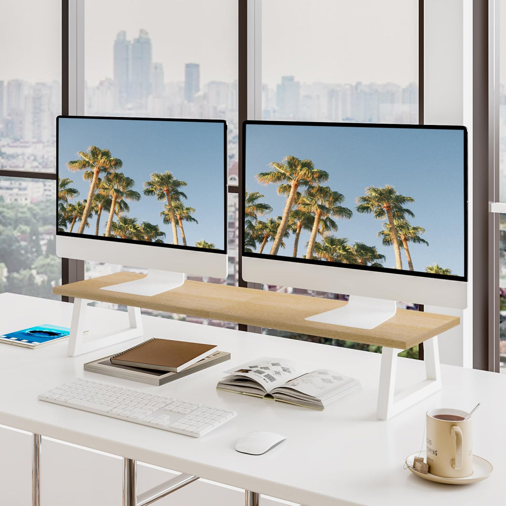 TEAMIX 31.5 inch Dual Monitor Riser, Long Black Monitor Stand Riser Wide TV Stand Riser Monitor Stand for 2 Monitors Wood & Steel Desktop Riser Desk Organization Home Office