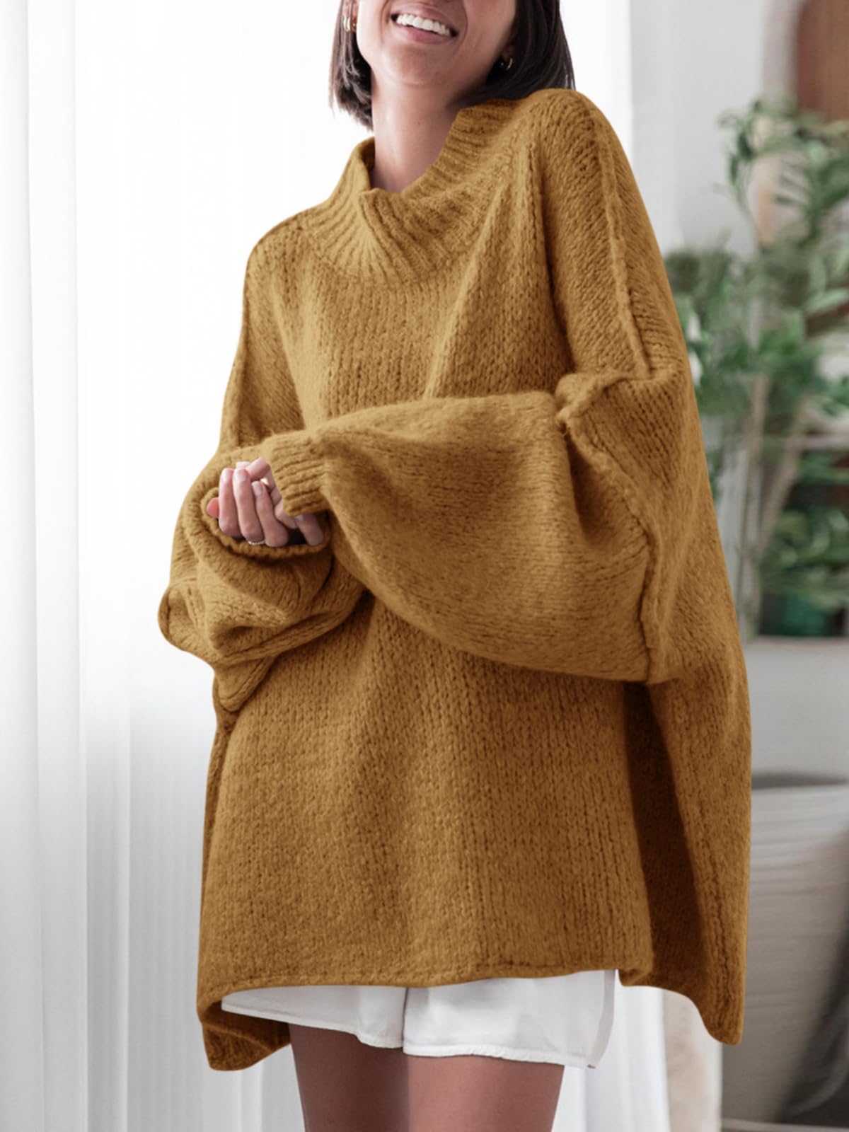 Saodimallsu Womens Oversized Sweaters Mock Neck Batwing Long Sleeve 2026 Fall Trendy Ribbed Knit Casual Tunic Sweater