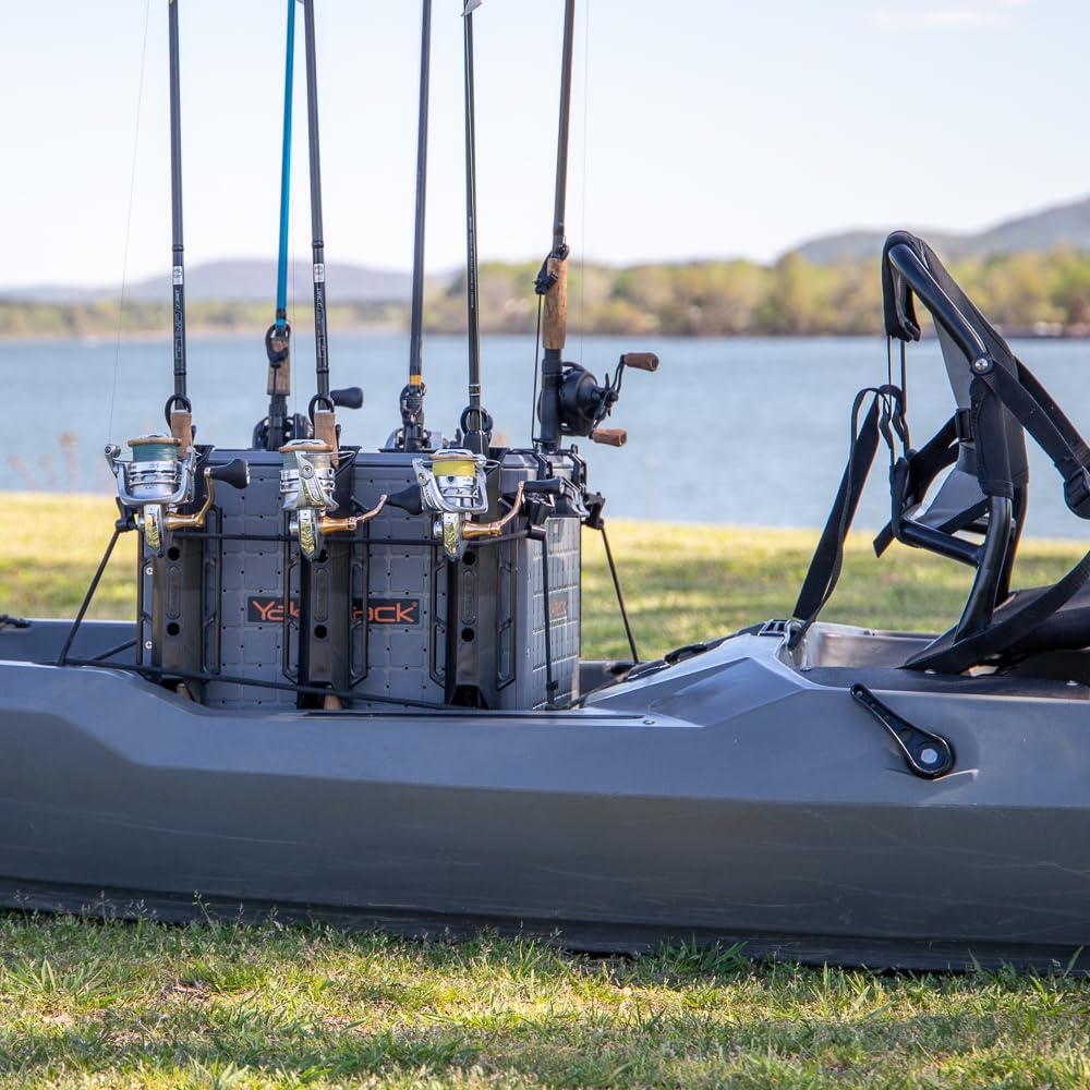 YakAttack BlackPak Pro 13" x 13" Fishing Crate with 3 Rod Holders - Battleship Grey | Compact Tackle Storage Box & Gear Organizer for Kayaks | Lightweight, Durable & Customizable Marine Accessory
