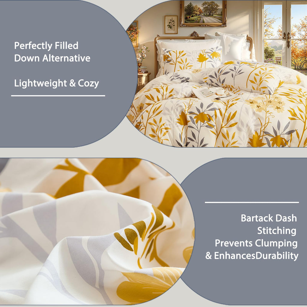 100% Natural Cotton Comforter Set Queen 3 Pcs Grayish Blue Bedding Sets with Luxurious Damask Pattern, Reversible Breathable Soft Comforter Sets for All Season
