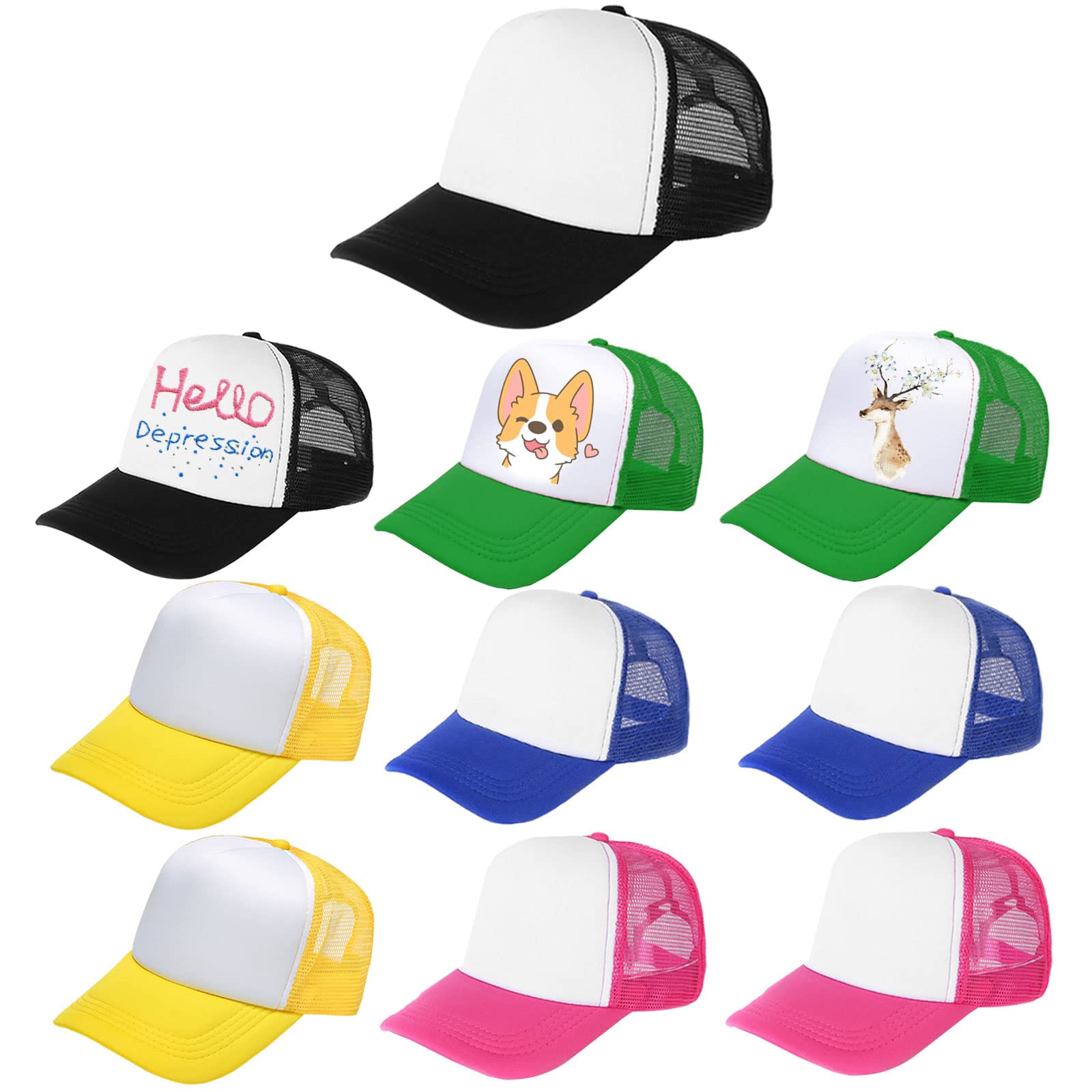 10 Pack Kids Trucker Hats Boys Girls Colorful Baseball Hats Adjustable Sublimation Blank Mesh Plain Baseball Caps